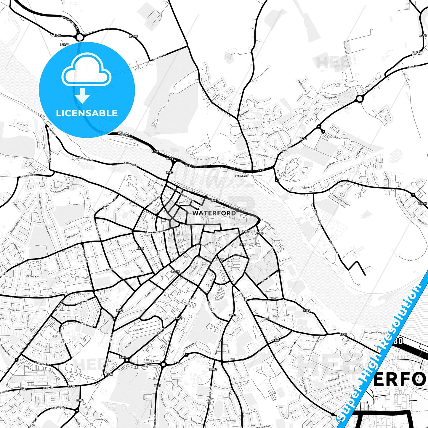Waterford, Ireland Light Map with Street Names, City Names, and Districts