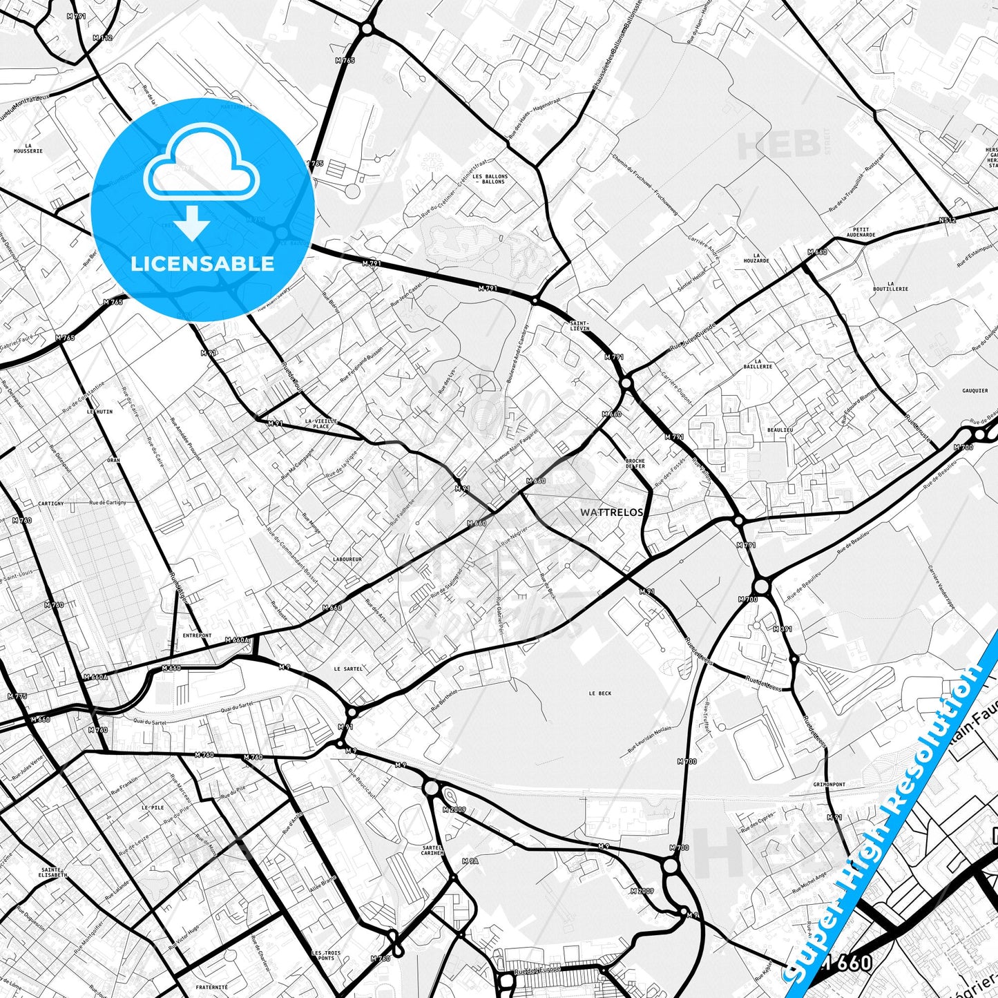 Wattrelos, France Light Map with Street Names, City Names, and Districts