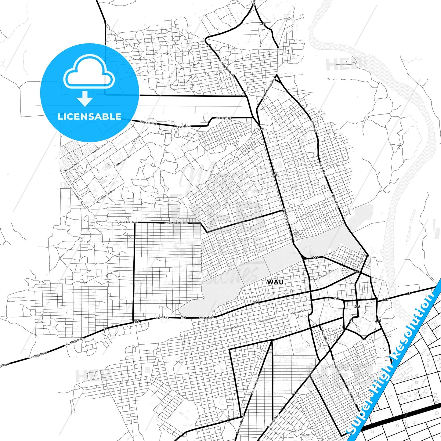 Wau, South Sudan Light Map with Street Names, City Names, and Districts