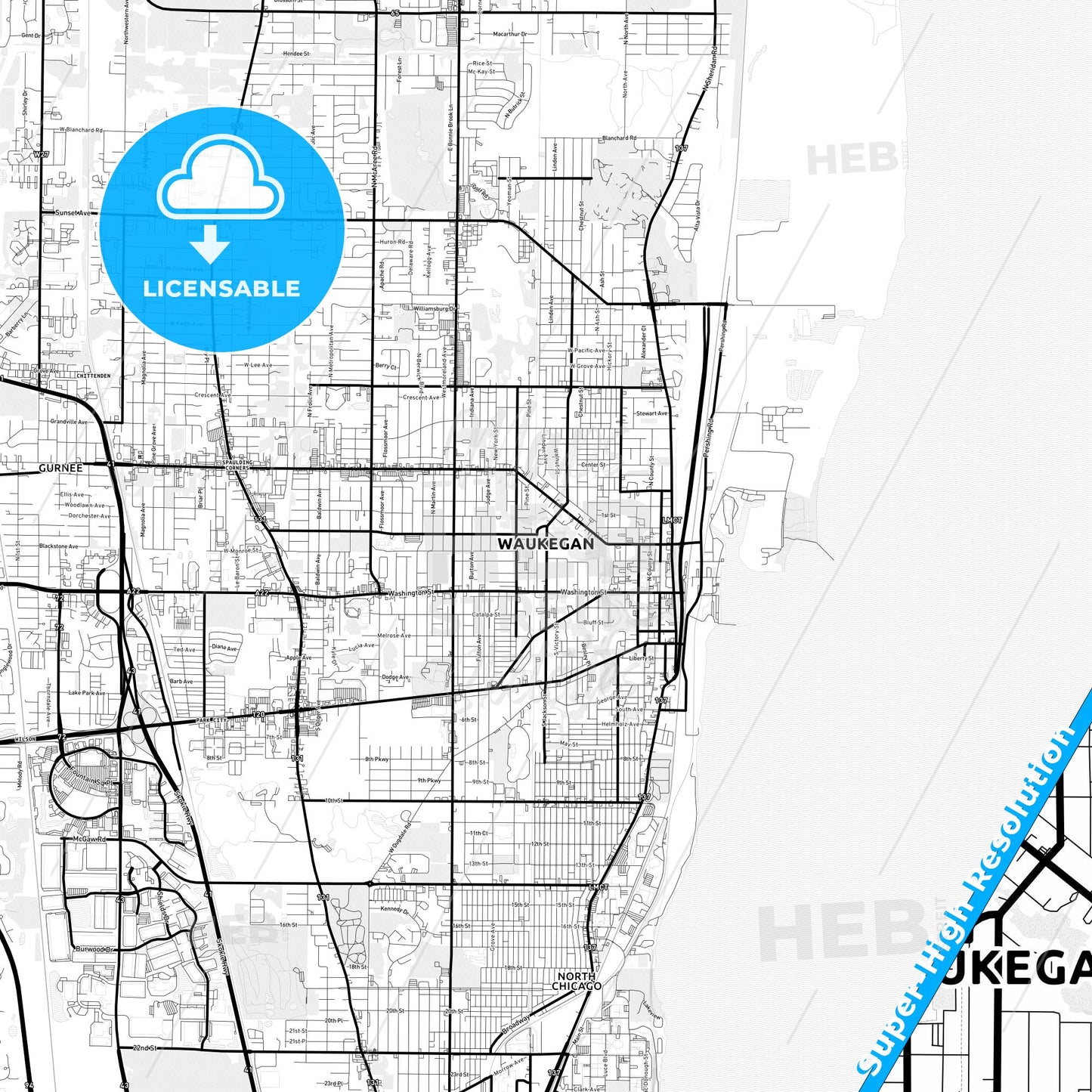 Waukegan, Illinois Light Map with Street Names, City Names, and Districts