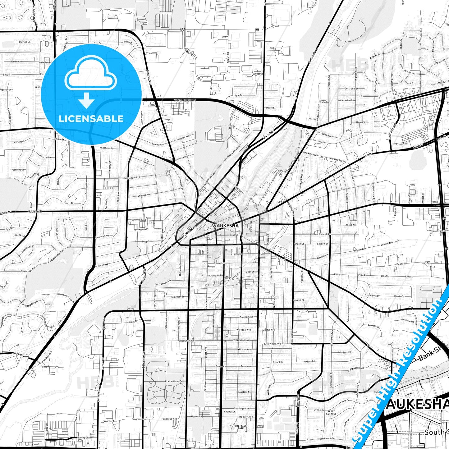 Waukesha, Wisconsin Light Map with Street Names, City Names, and Districts