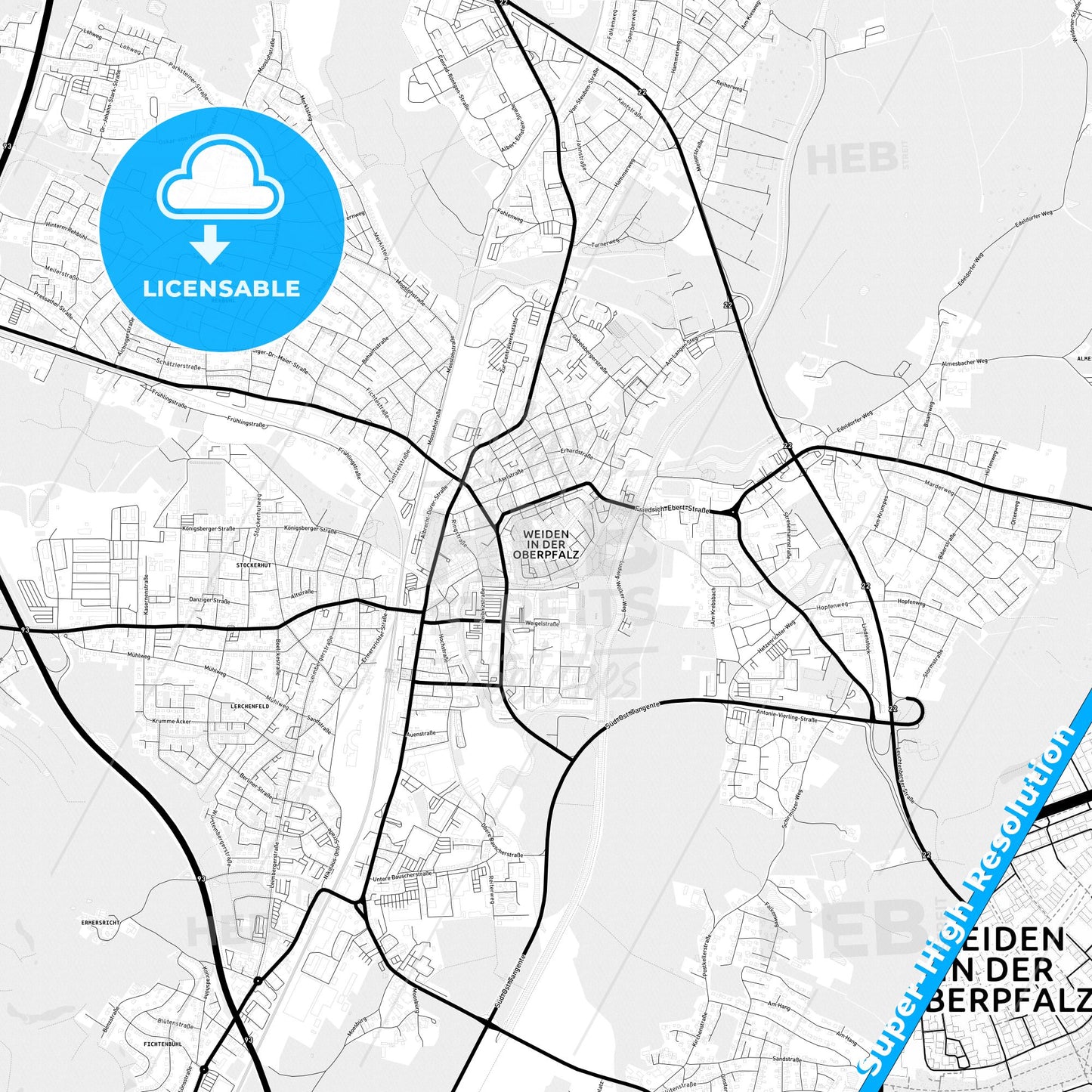 Weiden in der Oberpfalz, Germany Light Map with Street Names, City Names, and Districts