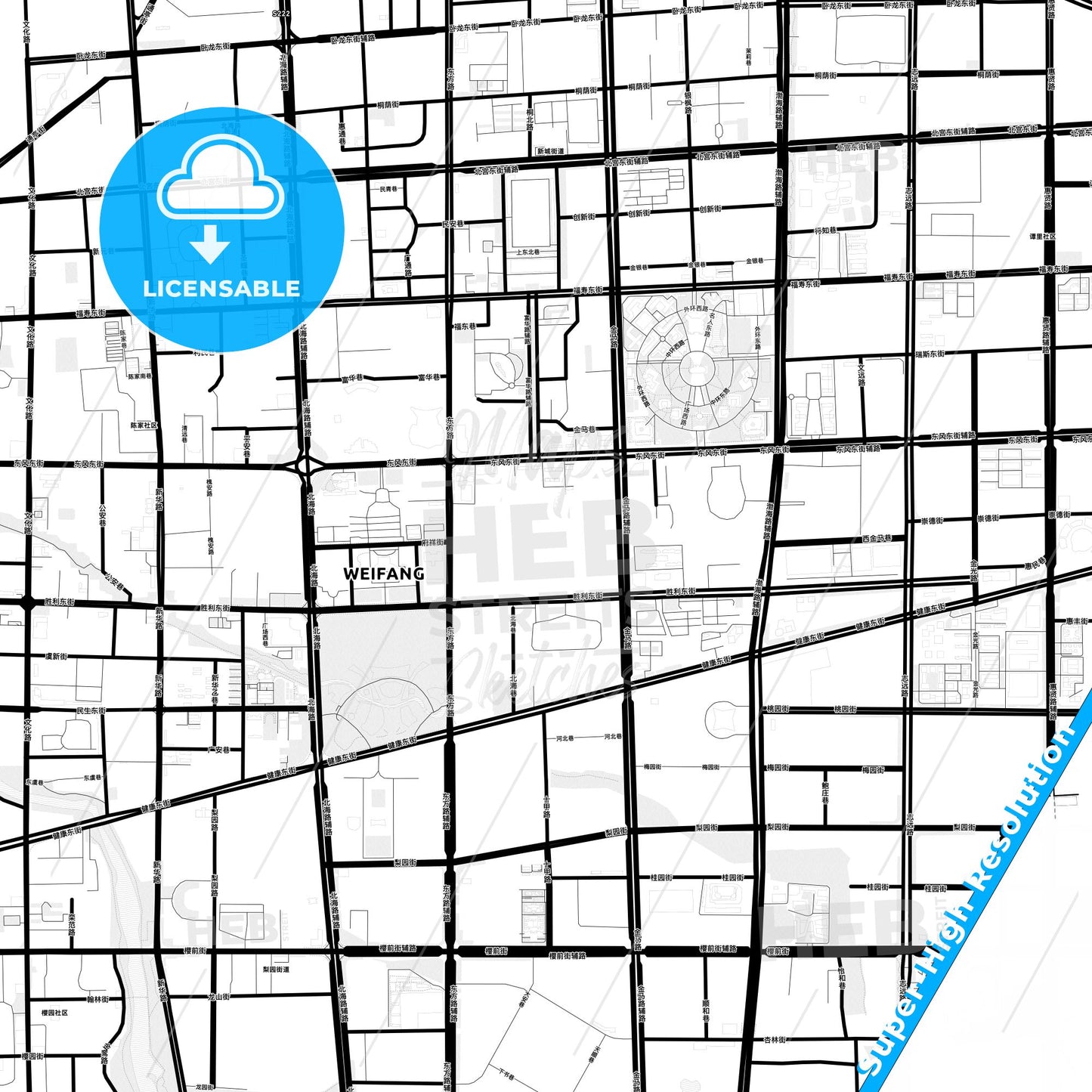 Weifang, China Light Map with Street Names, City Names, and Districts