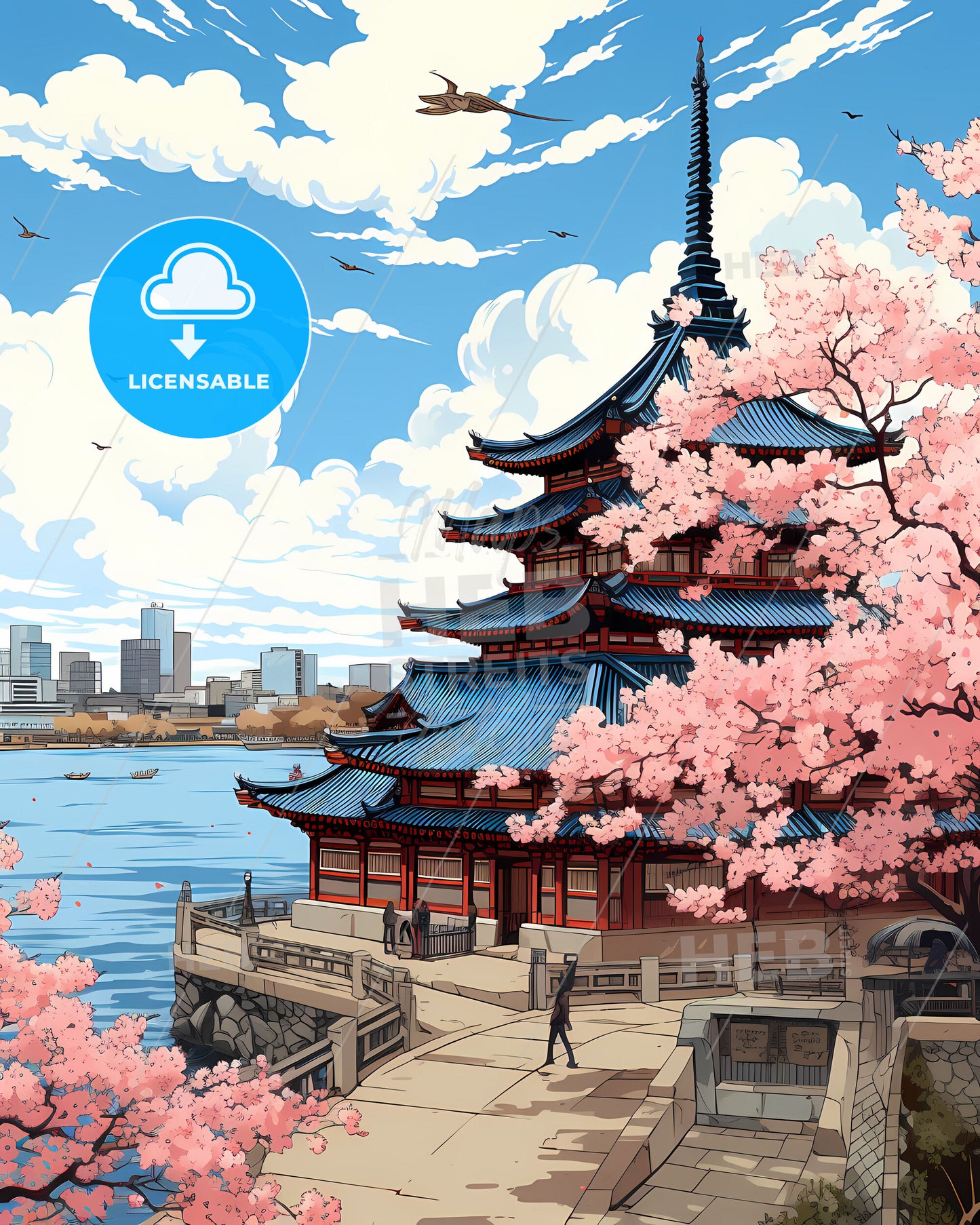 Weifang Cityscape Skyline Abstract Expressionist Painting Modern Building Water Pink Blossoms