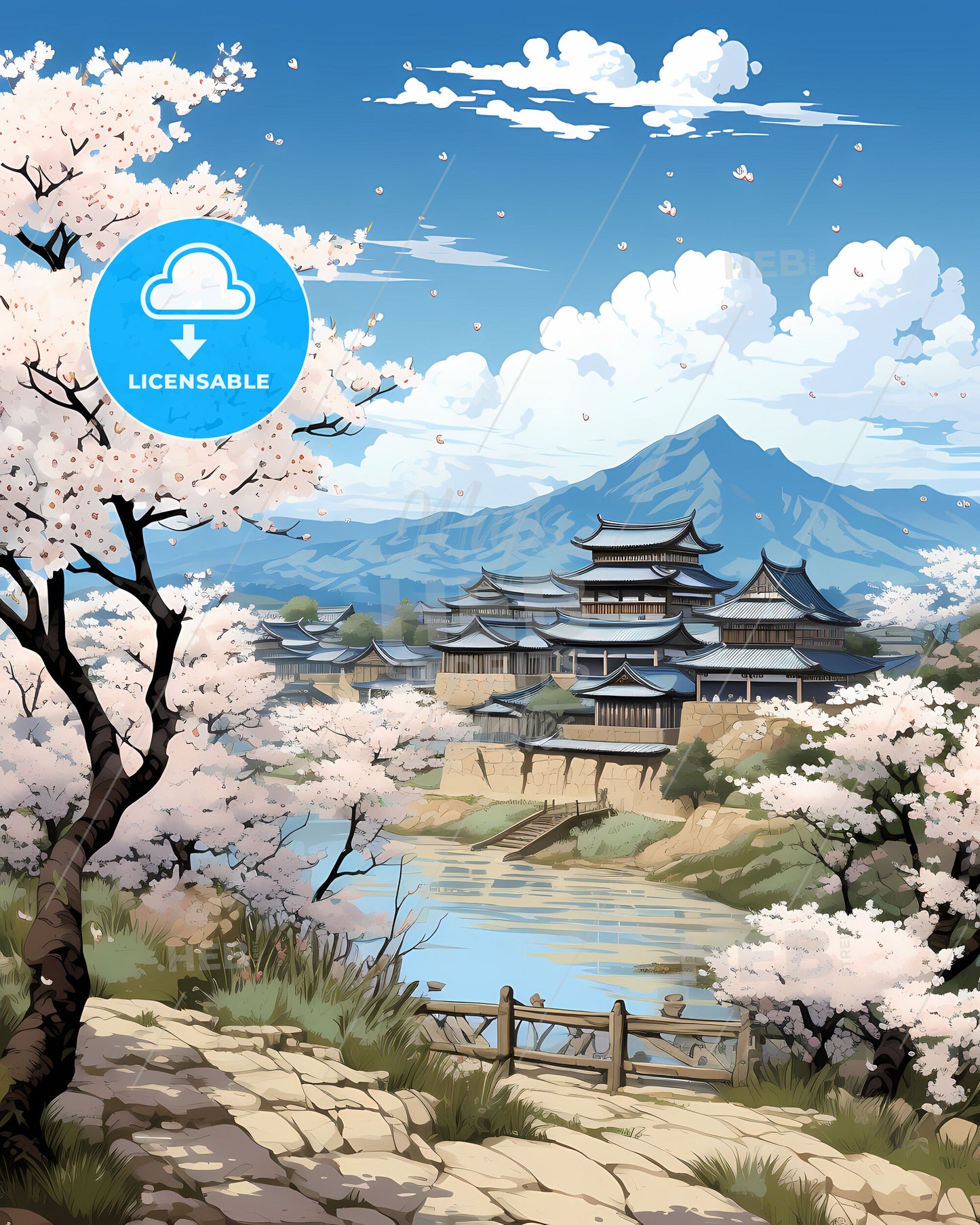 Vibrant Landscape Painting of Weifang City Skyline with River, Buildings, and Trees