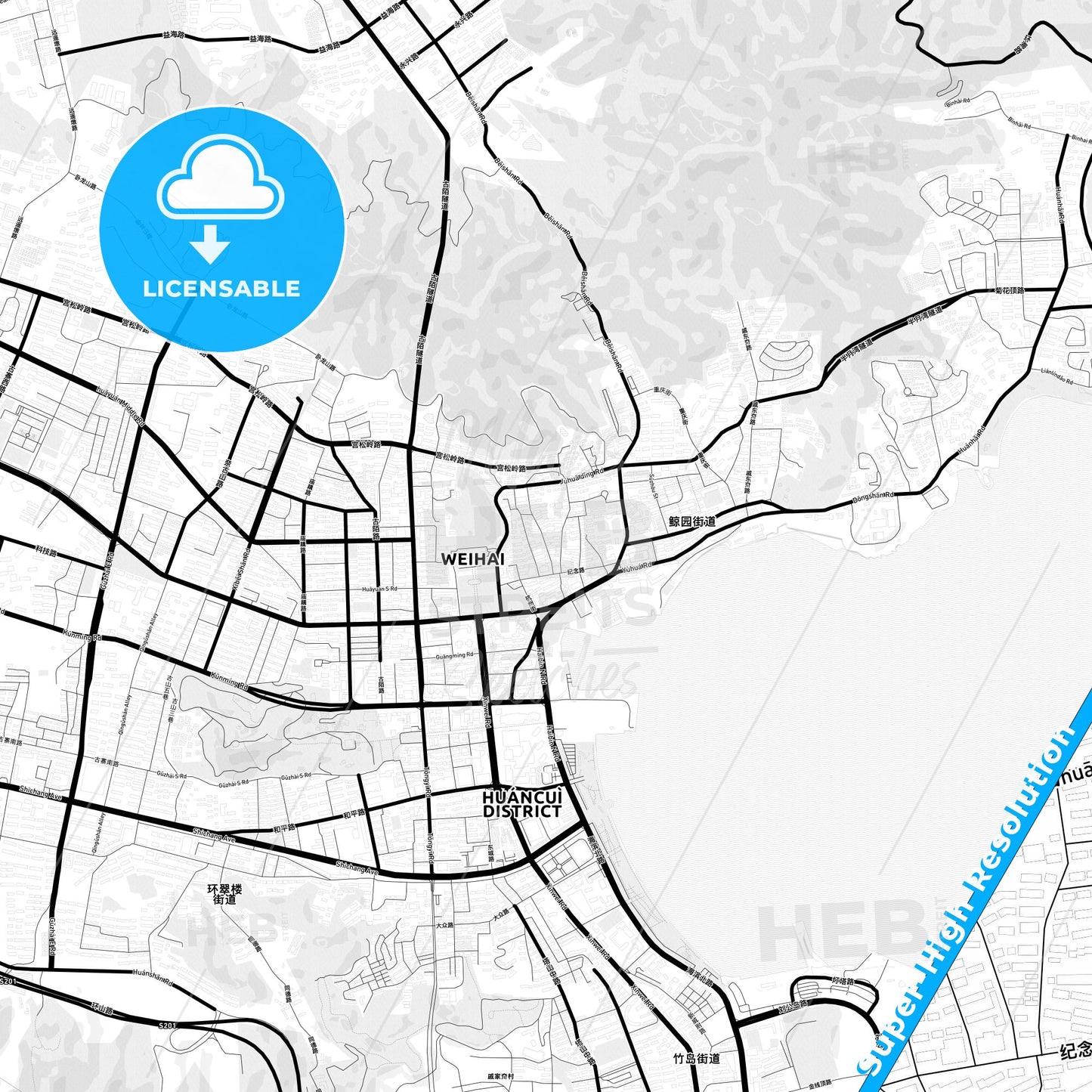 Weihai, China Light Map with Street Names, City Names, and Districts