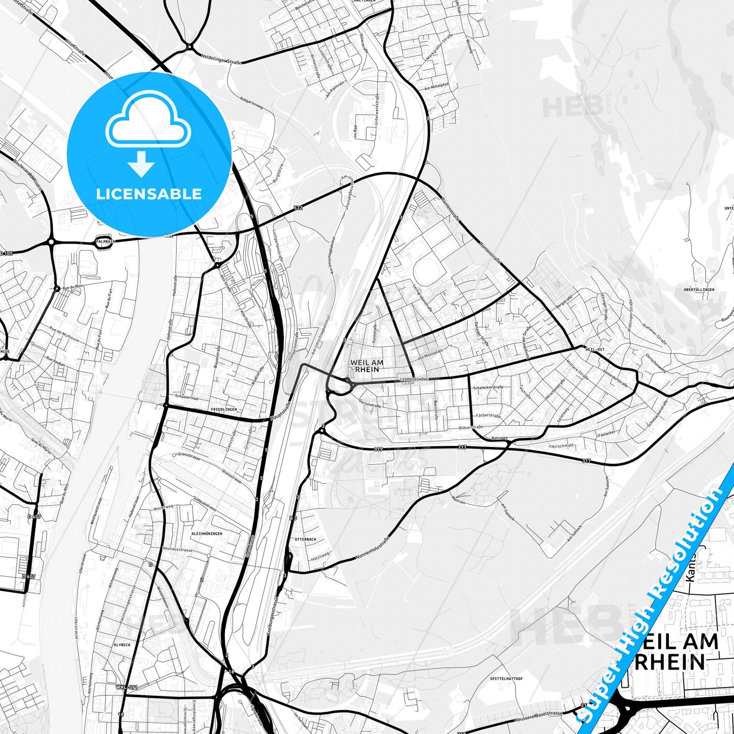 Weil am Rhein, Germany Light Map with Street Names, City Names, and Districts