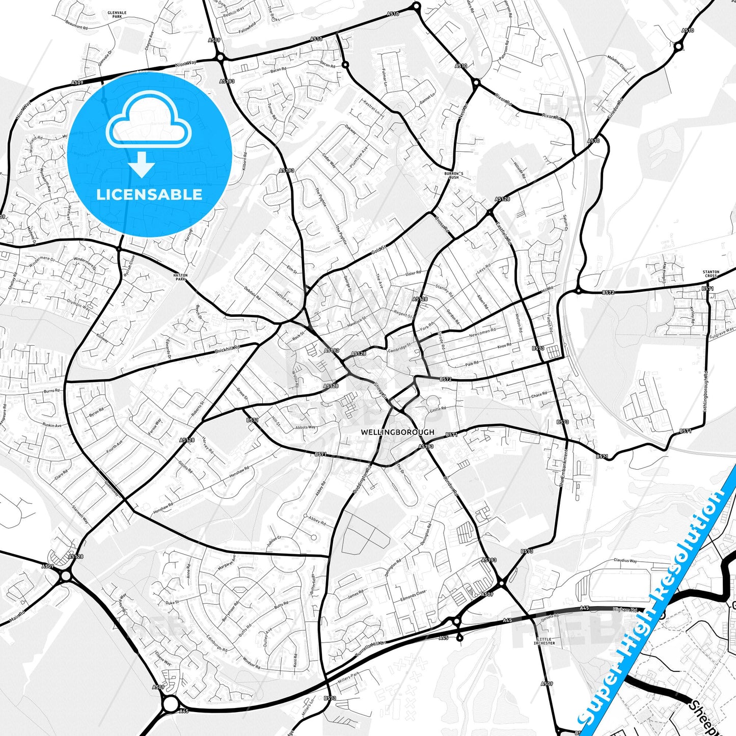 Wellingborough, England Light Map with Street Names, City Names, and Districts