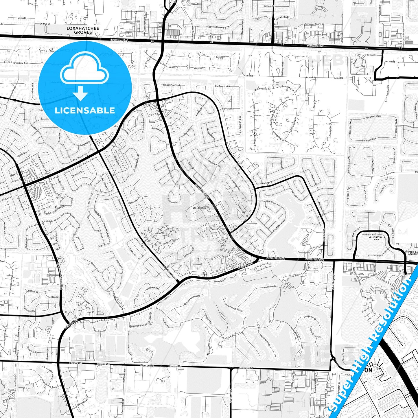 Wellington, Florida Light Map with Street Names, City Names, and Districts