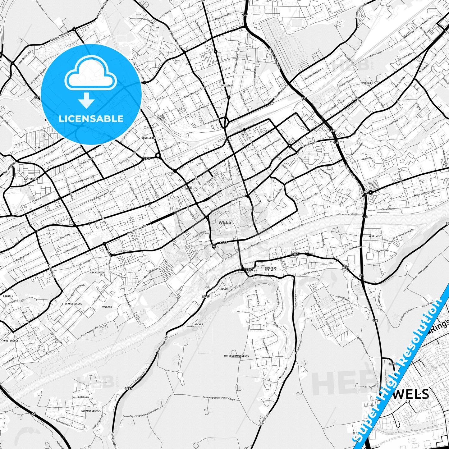Wels, Austria Light Map with Street Names, City Names, and Districts