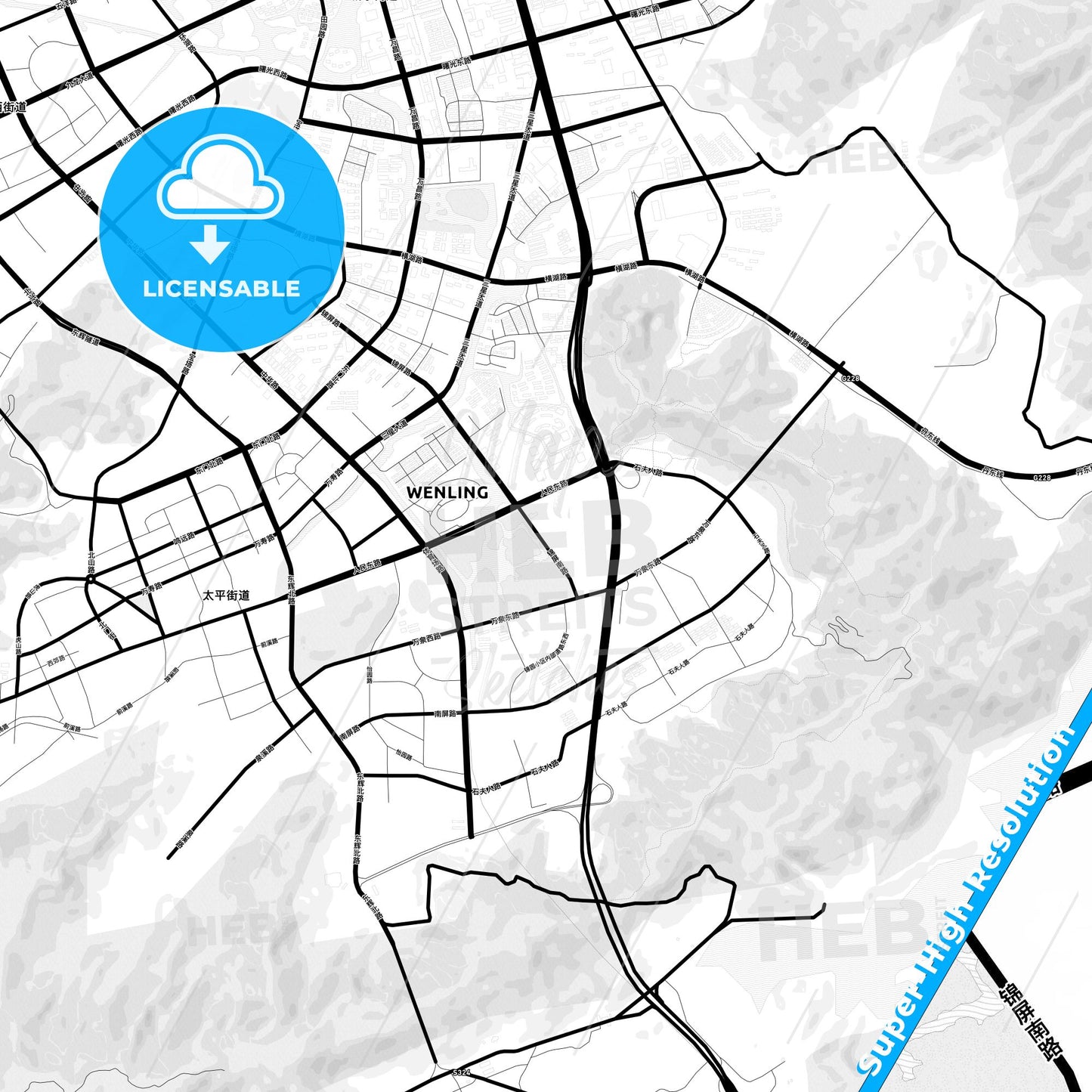 Wenling, China Light Map with Street Names, City Names, and Districts