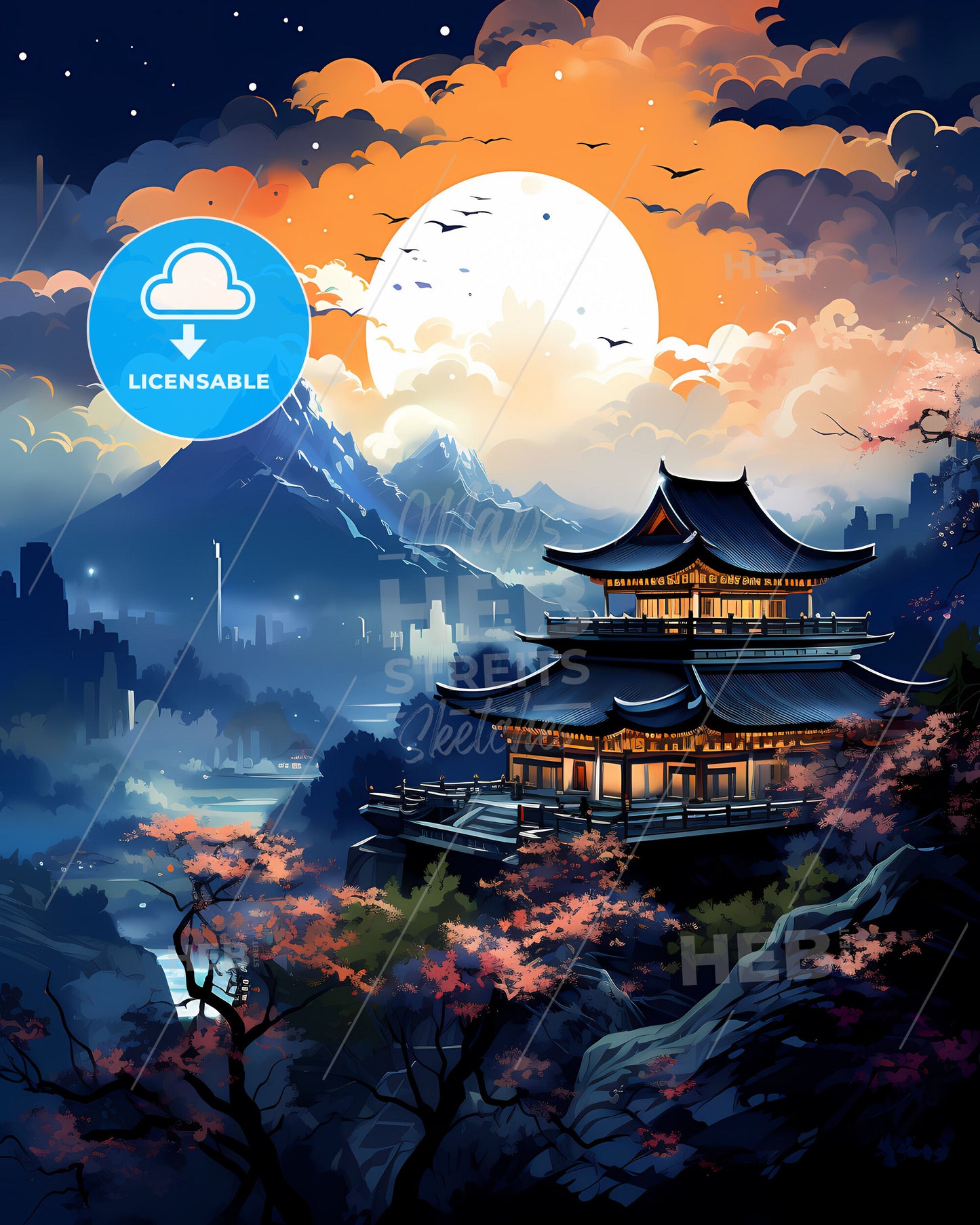 Vibrant Art Depiction of Wenzhou City Skyline with Architectural Focus and Natural Beauty