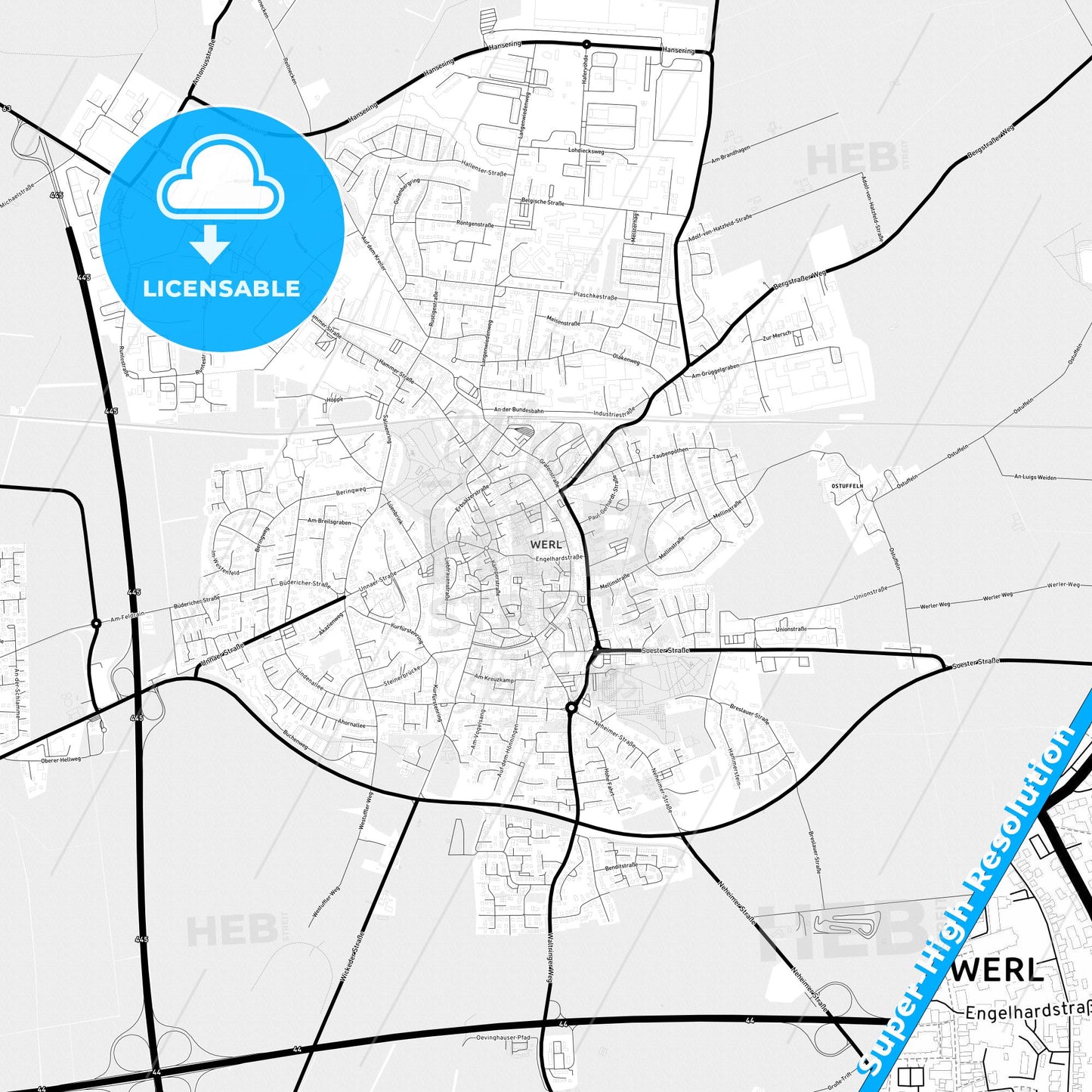 Werl, Germany Light Map with Street Names, City Names, and Districts