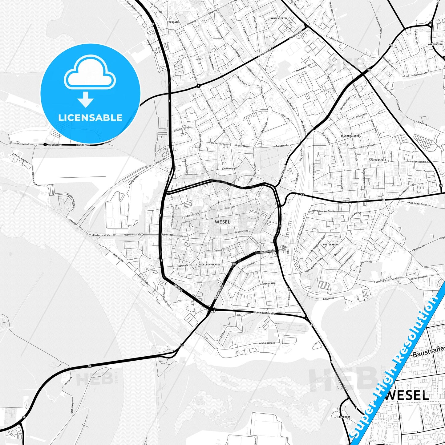 Wesel, Germany Light Map with Street Names, City Names, and Districts