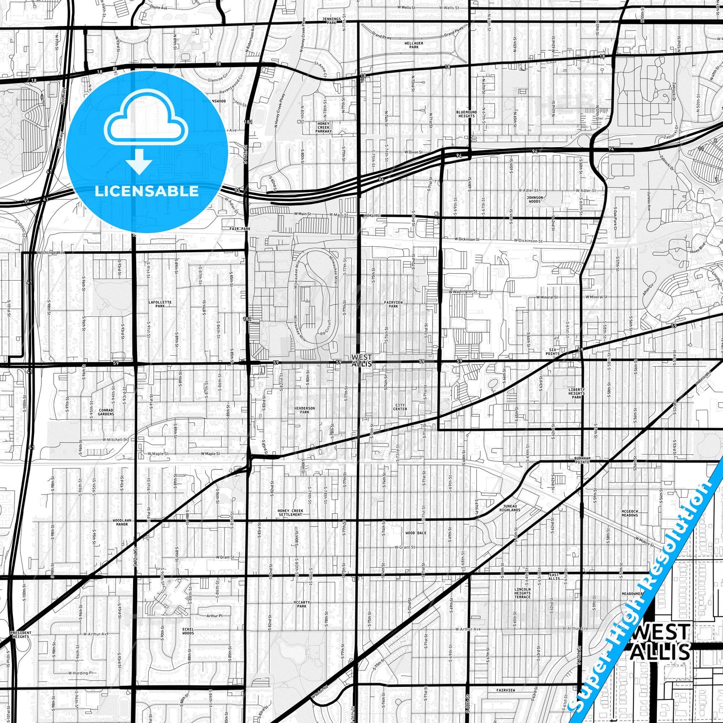 West Allis, Wisconsin Light Map with Street Names, City Names, and Districts