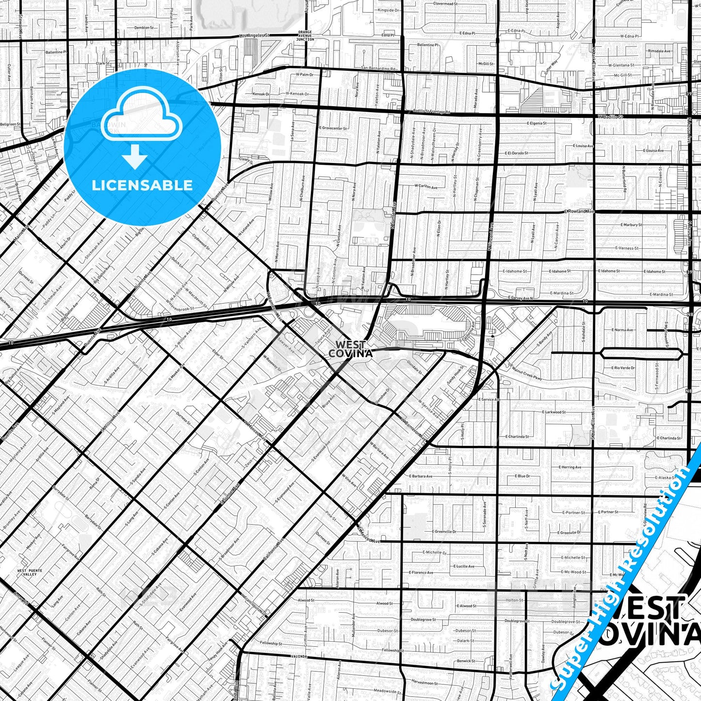 West Covina, California Light Map with Street Names, City Names, and Districts