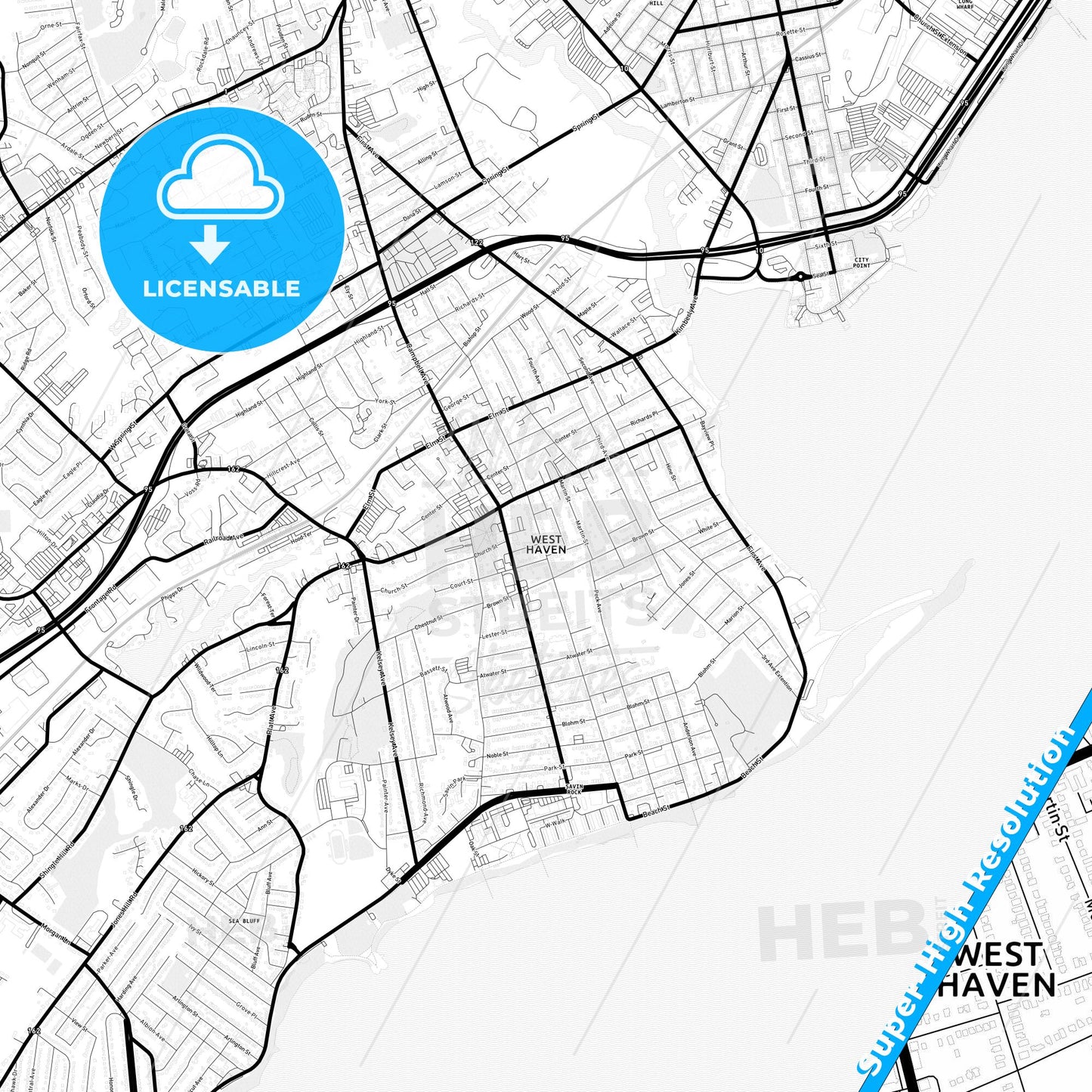 West Haven, Connecticut Light Map with Street Names, City Names, and Districts
