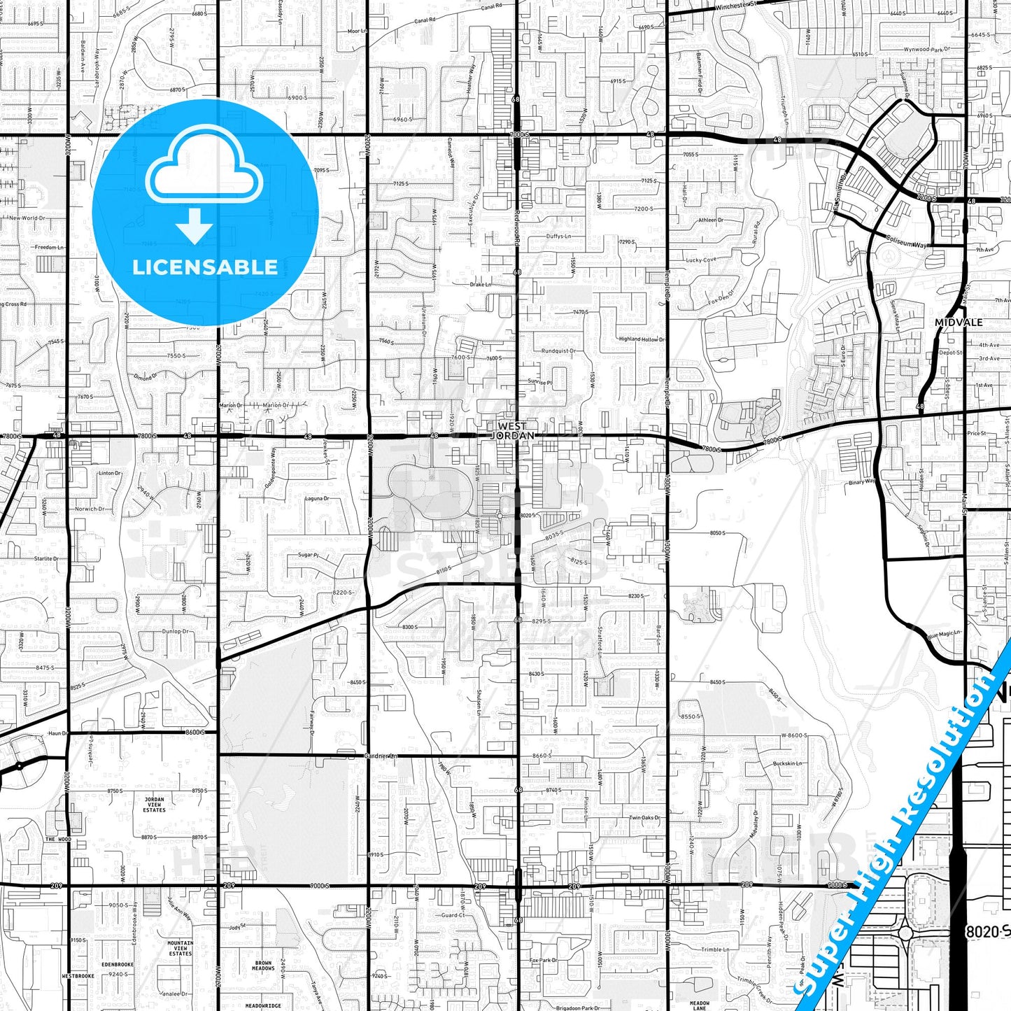 West Jordan, Utah Light Map with Street Names, City Names, and Districts