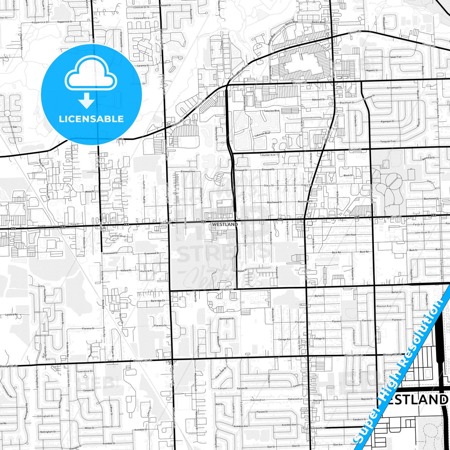Westland, Michigan Light Map with Street Names, City Names, and Districts