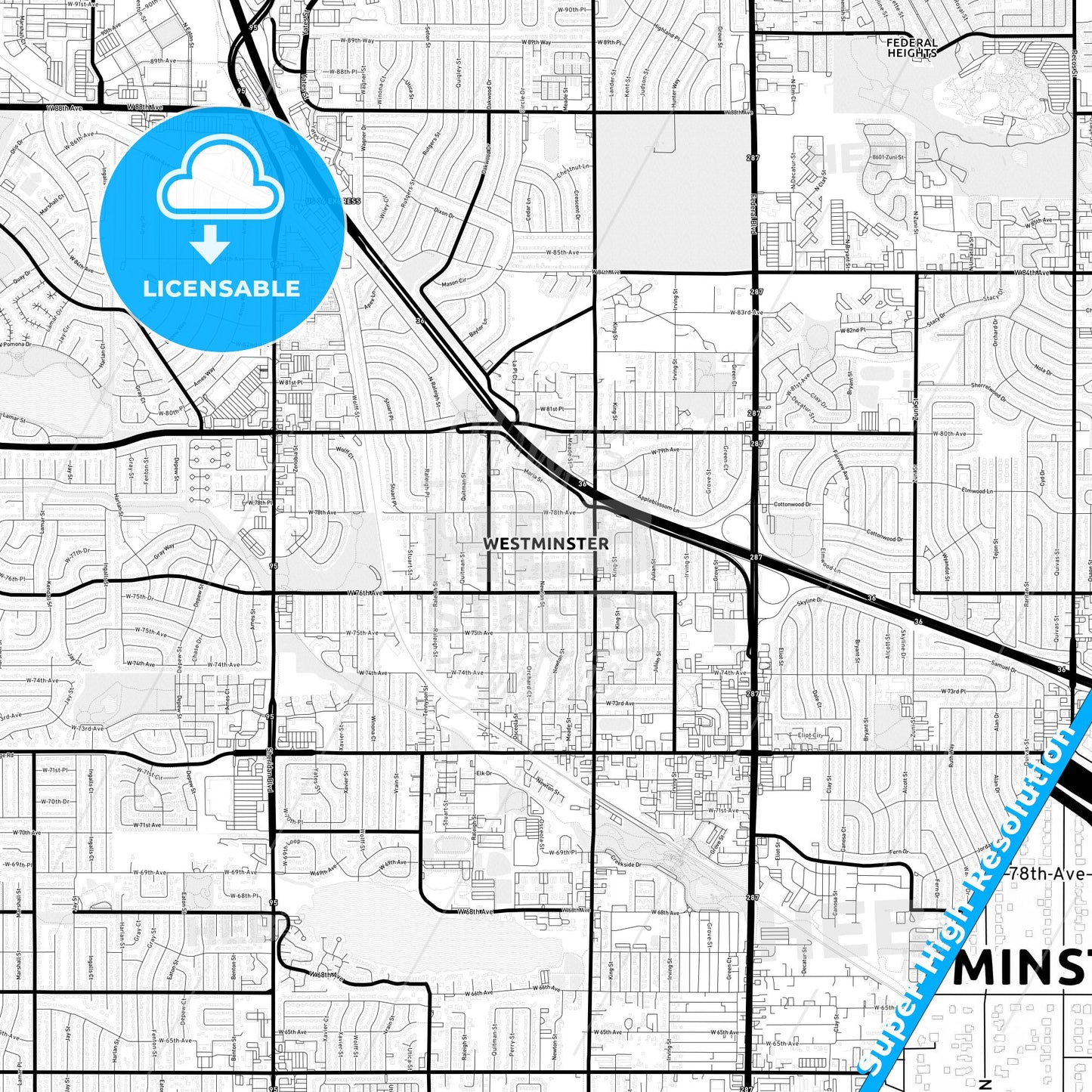 Westminster, Colorado Light Map with Street Names, City Names, and Districts