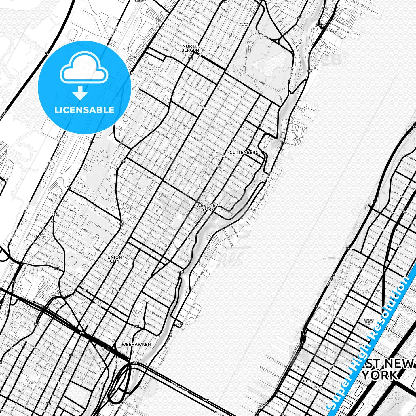West New York, New Jersey Light Map with Street Names, City Names, and Districts