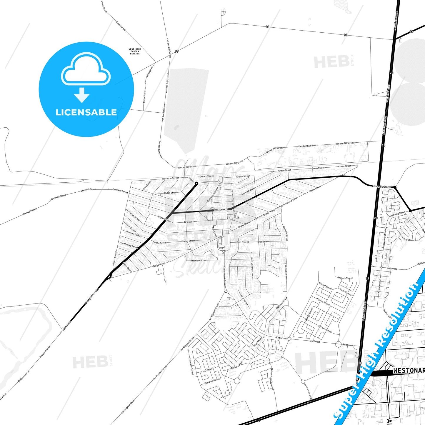 Westonaria, South Africa Light Map with Street Names, City Names, and Districts