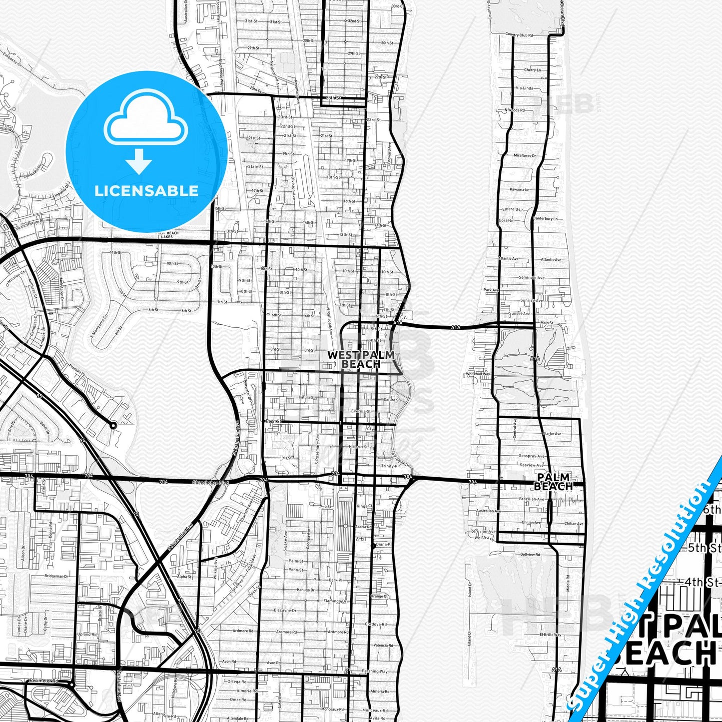 West Palm Beach, Florida Light Map with Street Names, City Names, and Districts