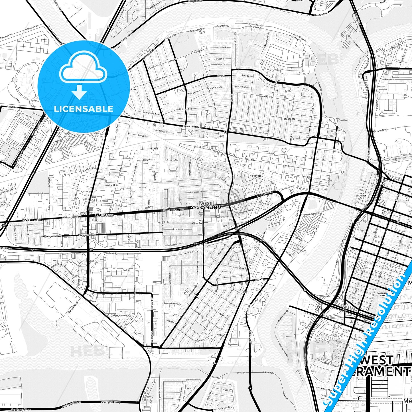 West Sacramento, California Light Map with Street Names, City Names, and Districts