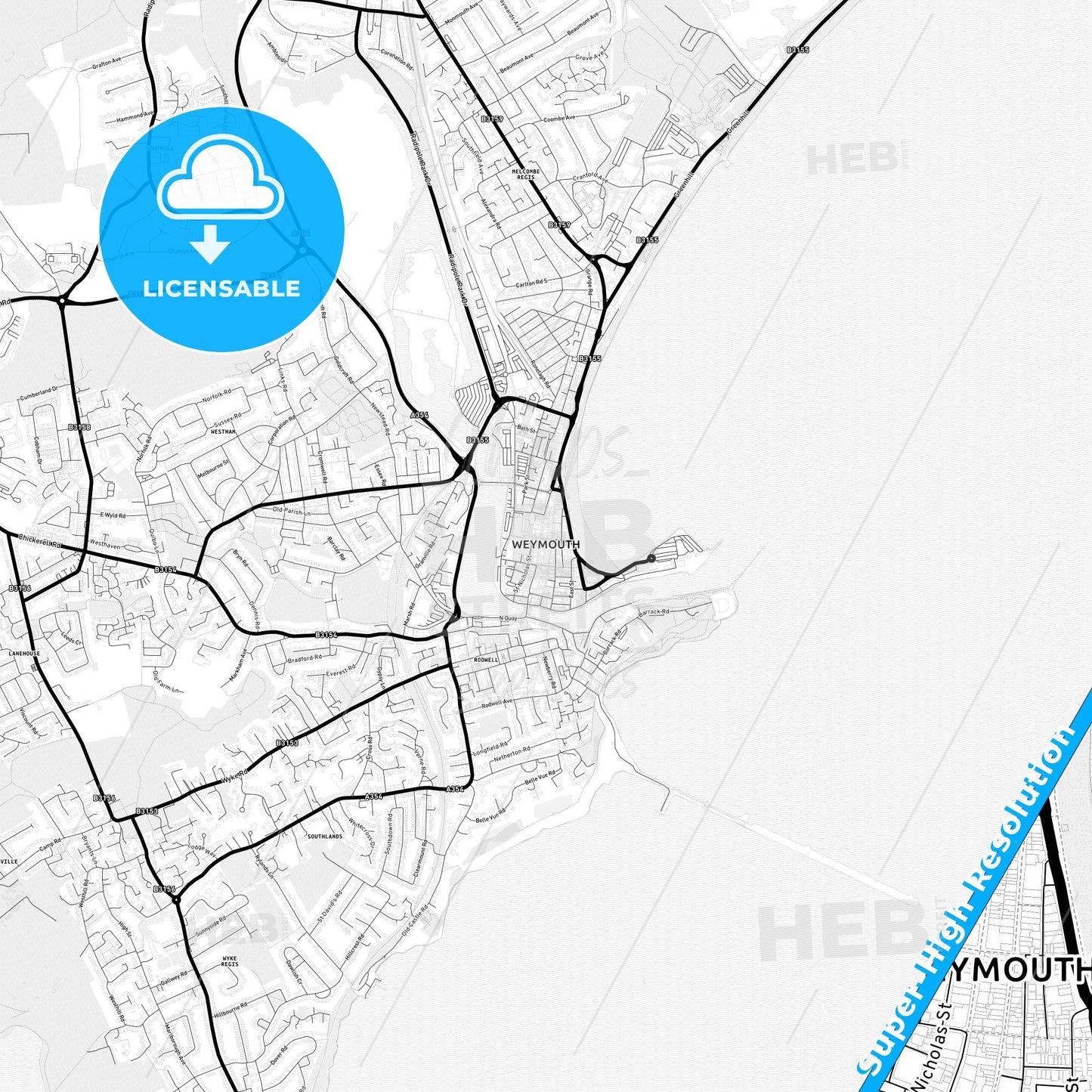 Weymouth, England Light Map with Street Names, City Names, and Districts