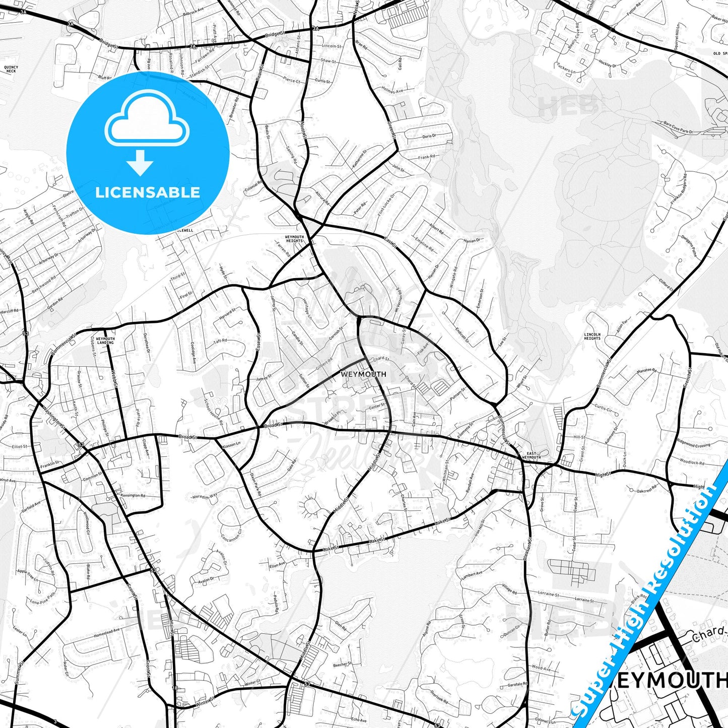 Weymouth Town, Massachusetts Light Map with Street Names, City Names, and Districts