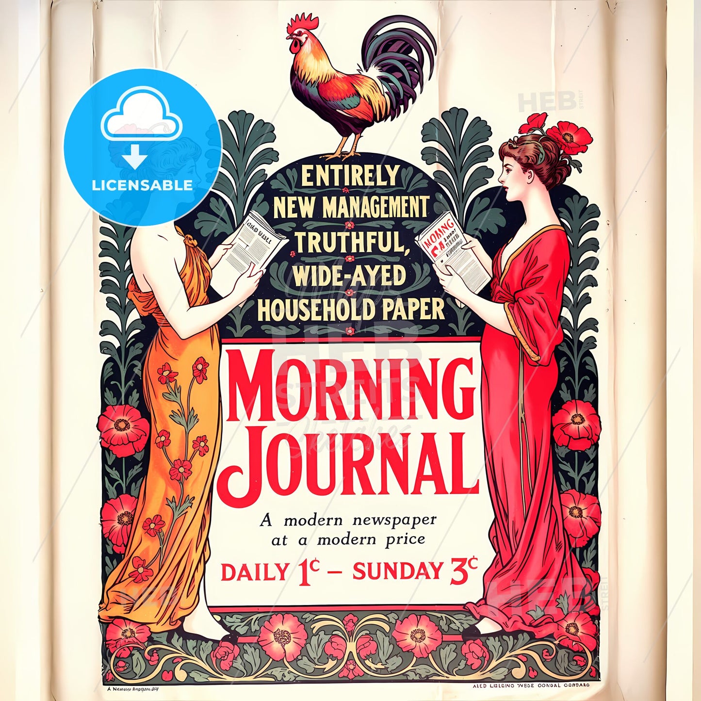 Whimsical Art Nouveau Morning Journal Advertisement with Elegant Femmes & Nature