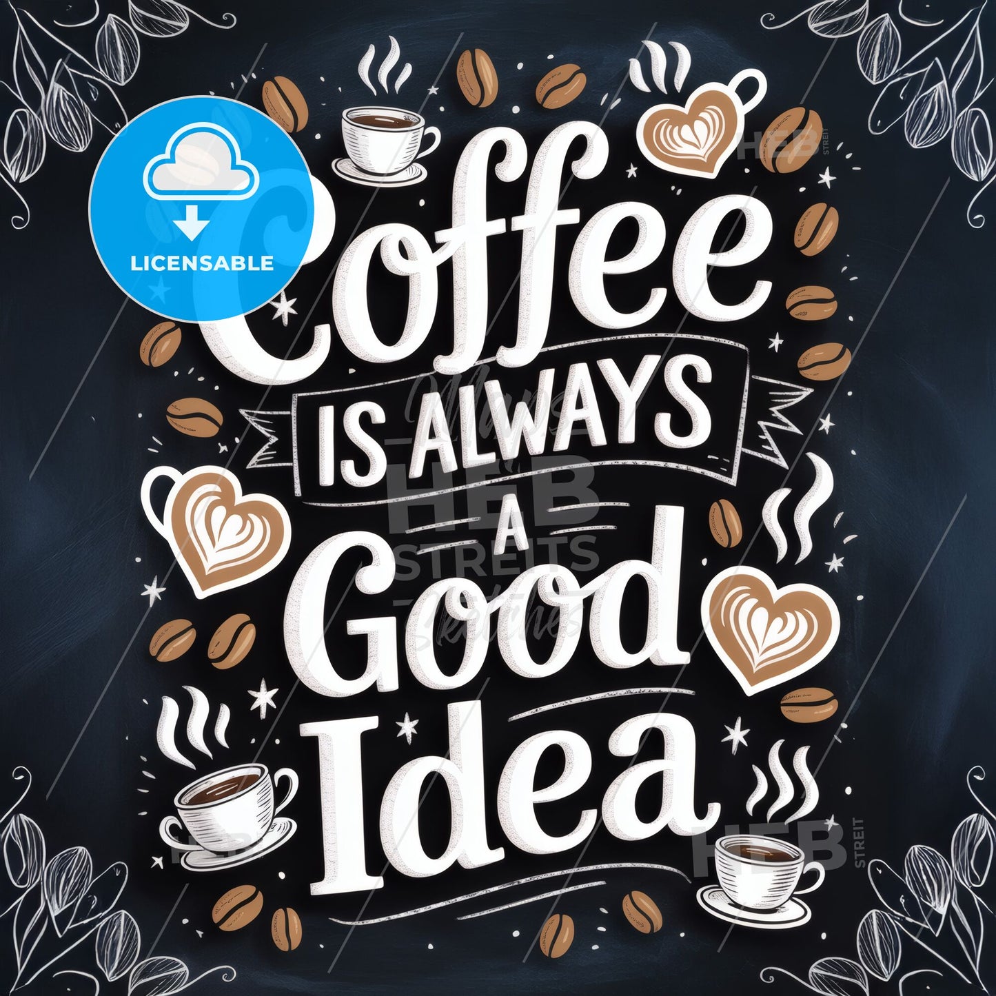Whimsical Coffee Quote: 'Coffee is Always a Good Idea' with Illustrative Elements and Warm Colors.