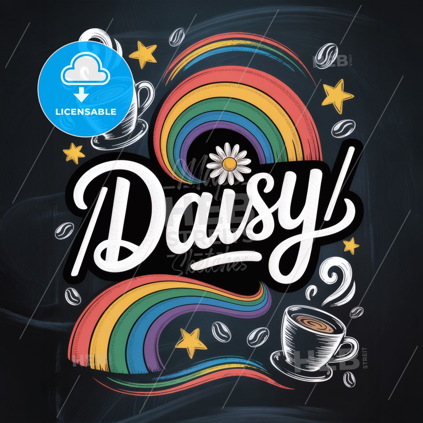 Whimsical Coffee and Rainbow Design Featuring the Name 'Daisy' for Cheerful Branding and Artistic Creations.