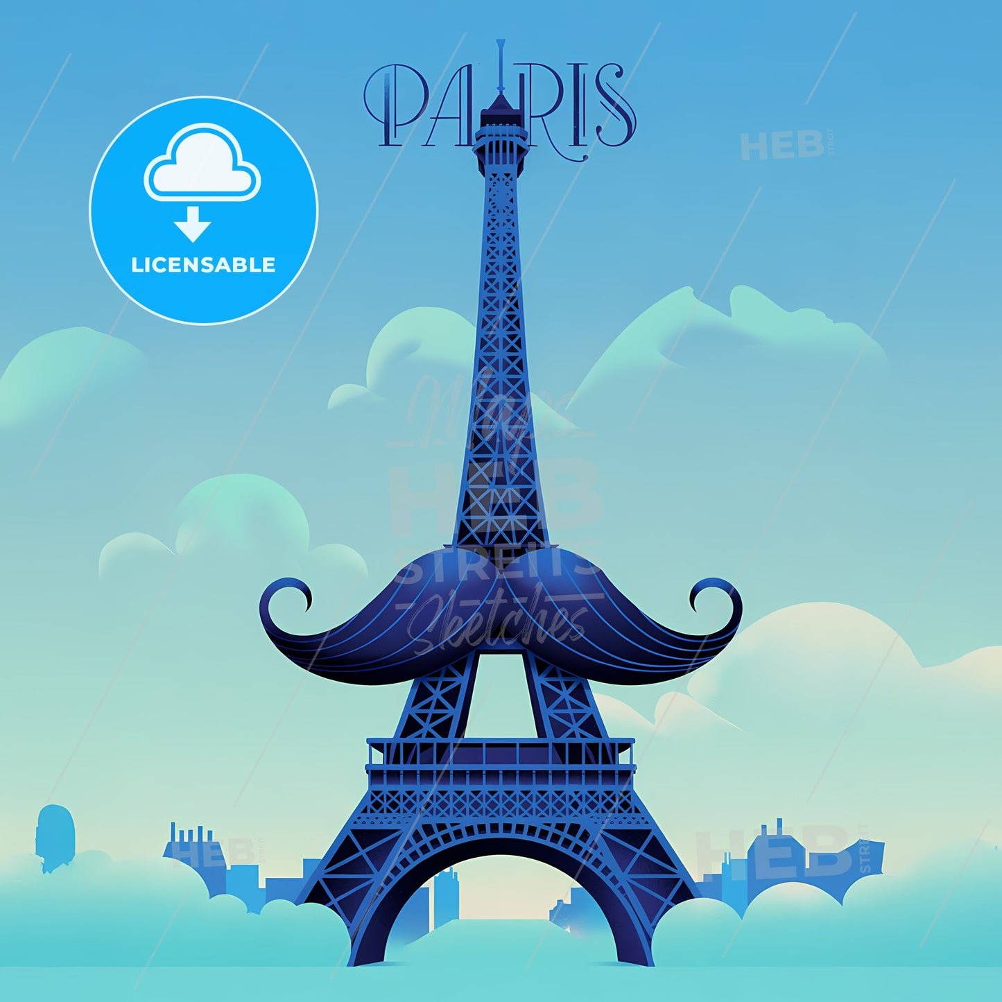 Whimsical Eiffel Tower Delight with Mustache Charm in Blues