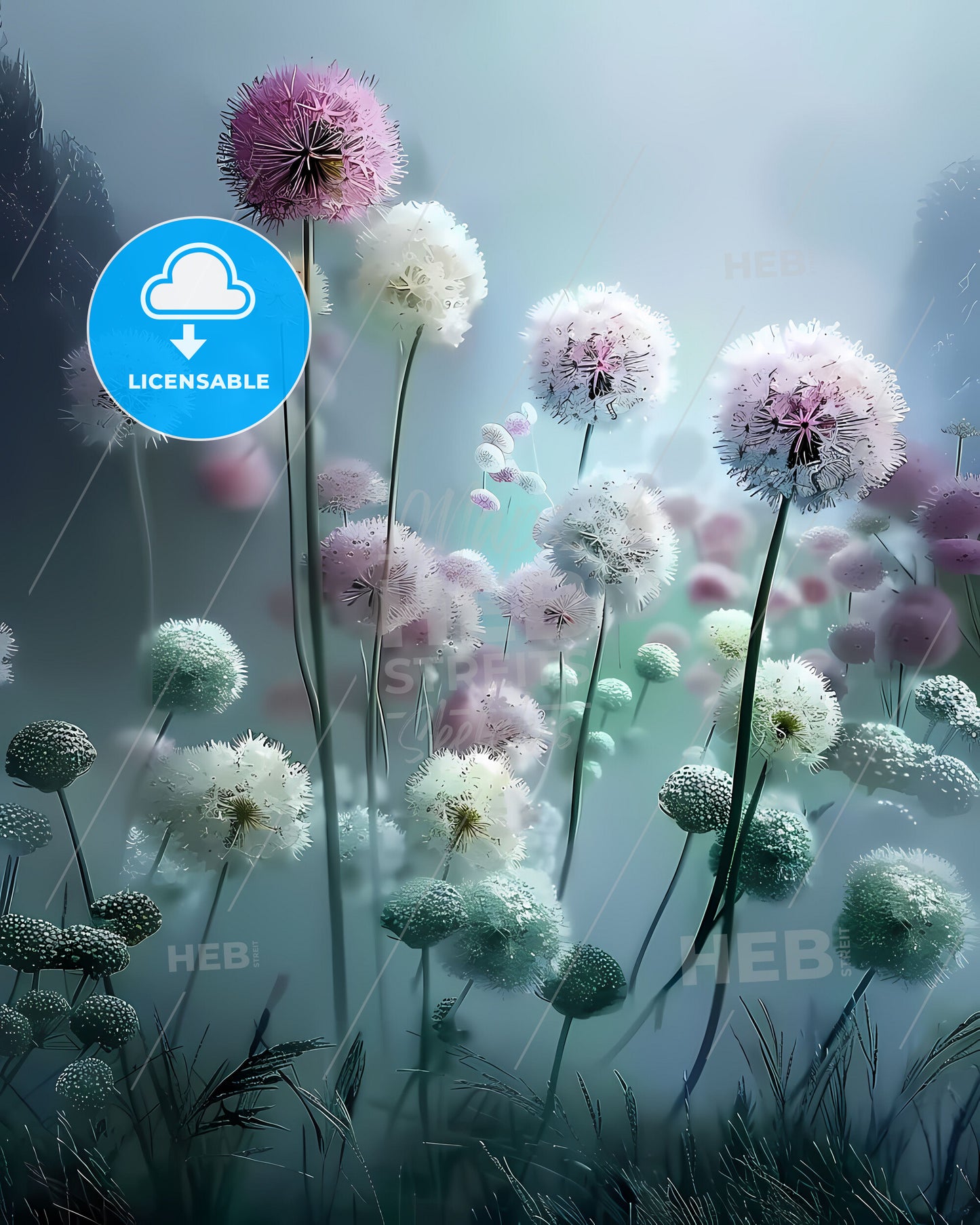 Ethereal Underwater Garden: Intricate White, Pink, Grey, and Green Alliums in an Artistic Fog