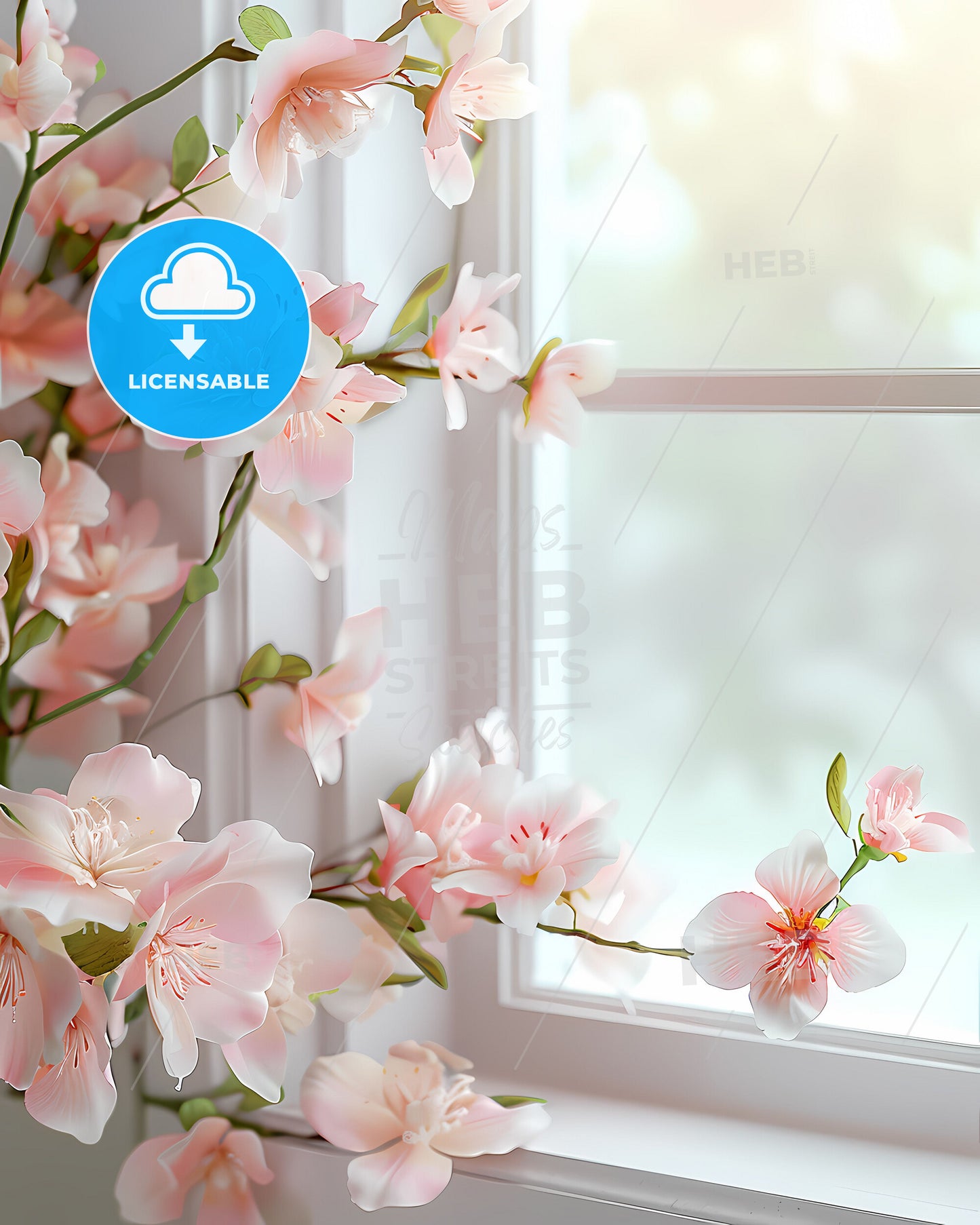 Minimalist Pink Flower Art: Pastel Blank Card Mockup, Realistic Painting with Orchids, Blurred Window Frame, High Resolution