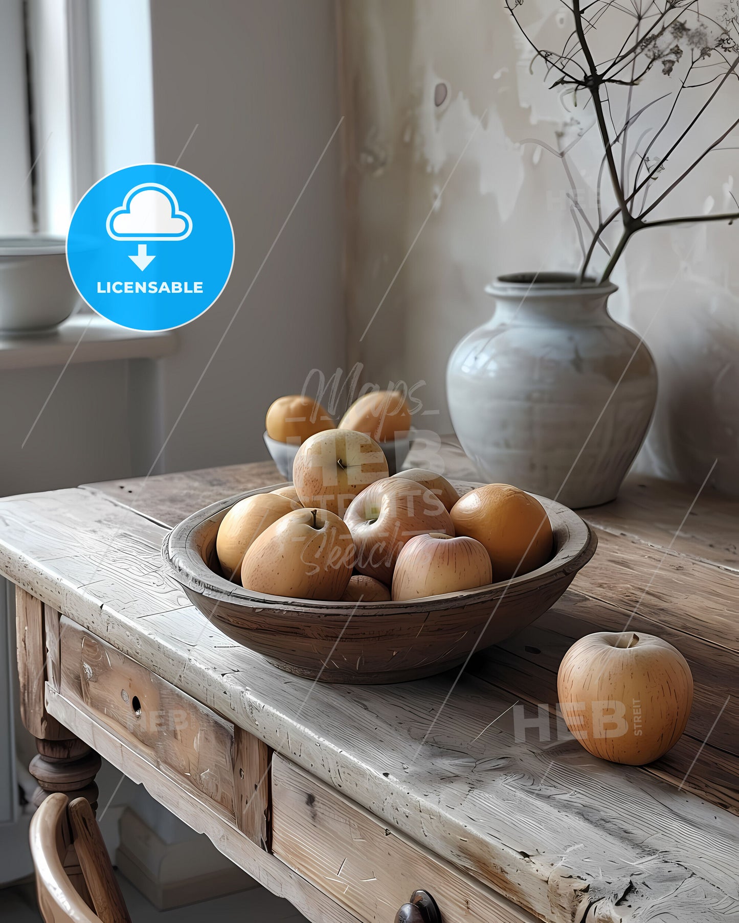 Mid-Century Painting: Abstract Apples on Table, Vintage Amber and Wood Minimalism, Whimsical Timeless Nostalgia