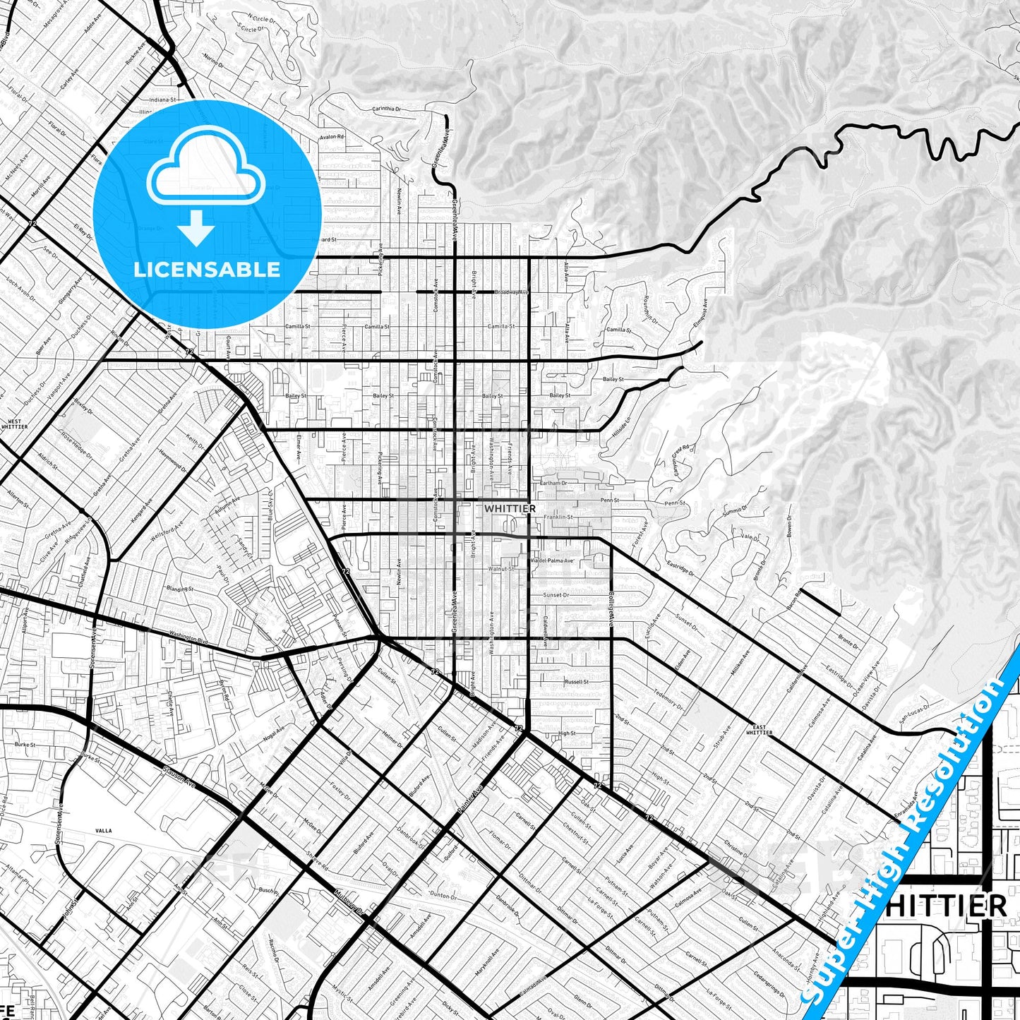 Whittier, California Light Map with Street Names, City Names, and Districts