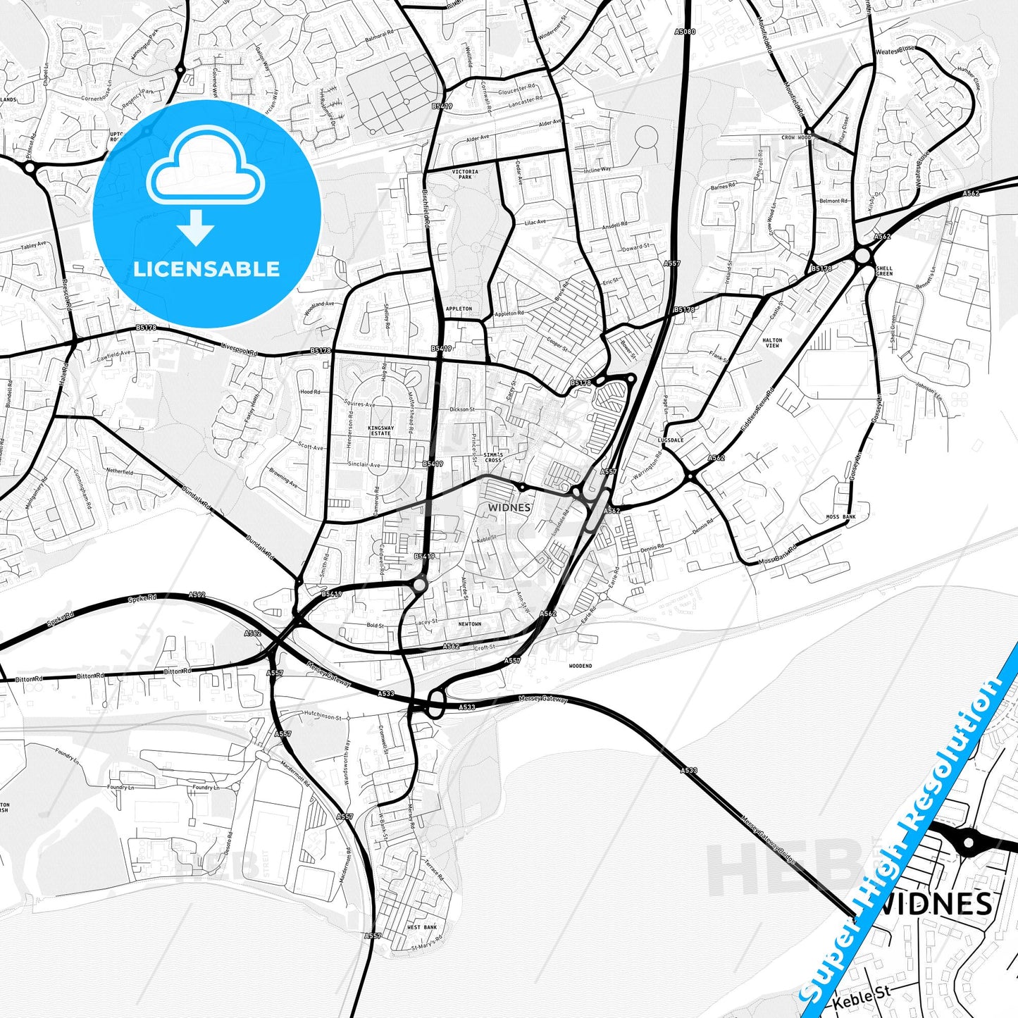 Widnes, England Light Map with Street Names, City Names, and Districts