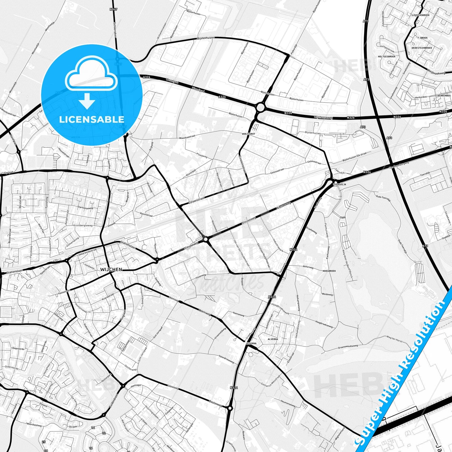 Wijchen, Netherlands Light Map with Street Names, City Names, and Districts