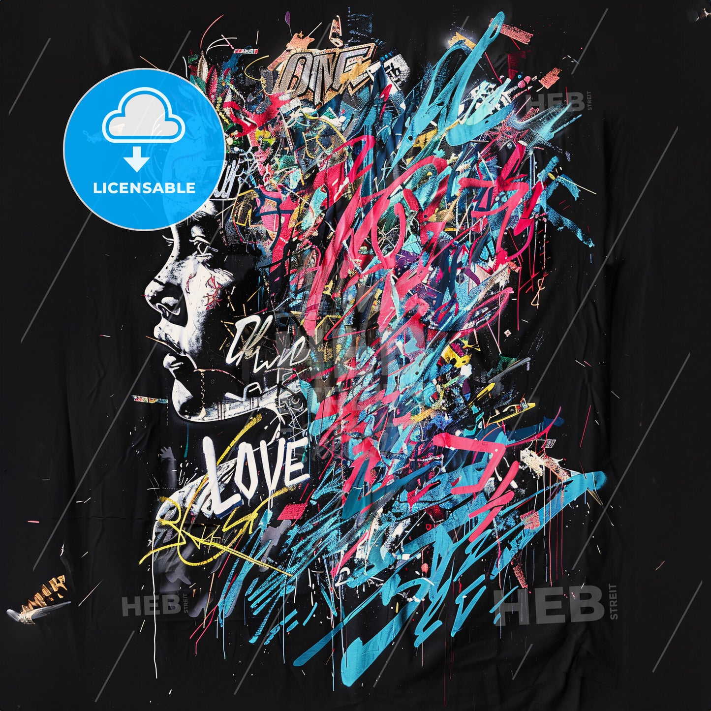 A Painting Of A Woman With Colorful Splatters On A Black Background