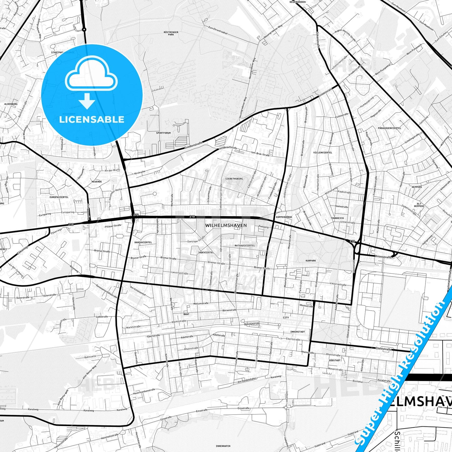 Wilhelmshaven, Germany Light Map with Street Names, City Names, and Districts