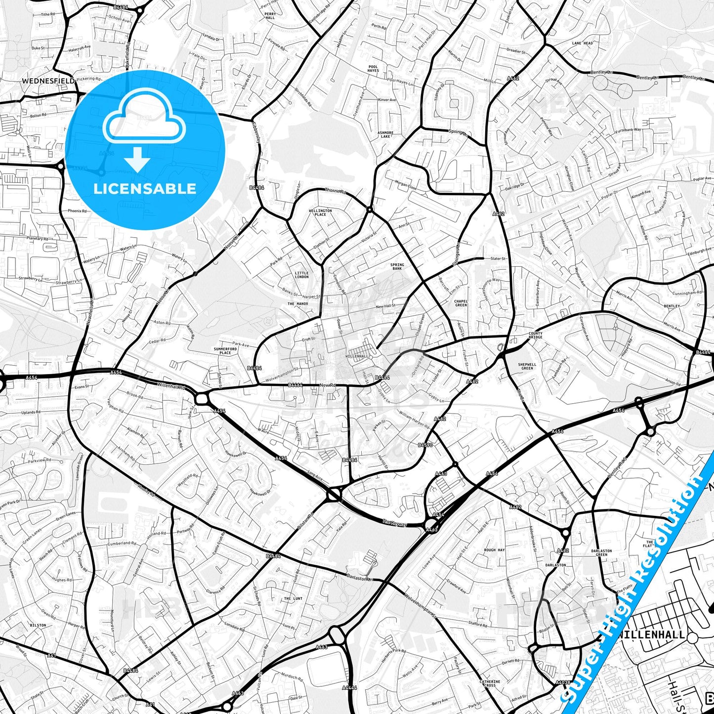 Willenhall, England Light Map with Street Names, City Names, and Districts