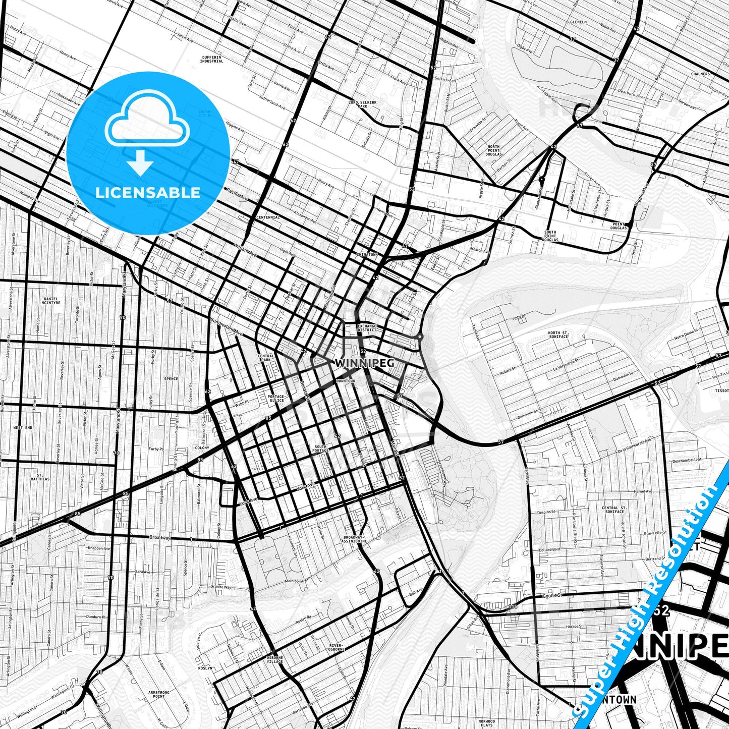 Winnipeg, Canada Light Map with Street Names, City Names, and Districts