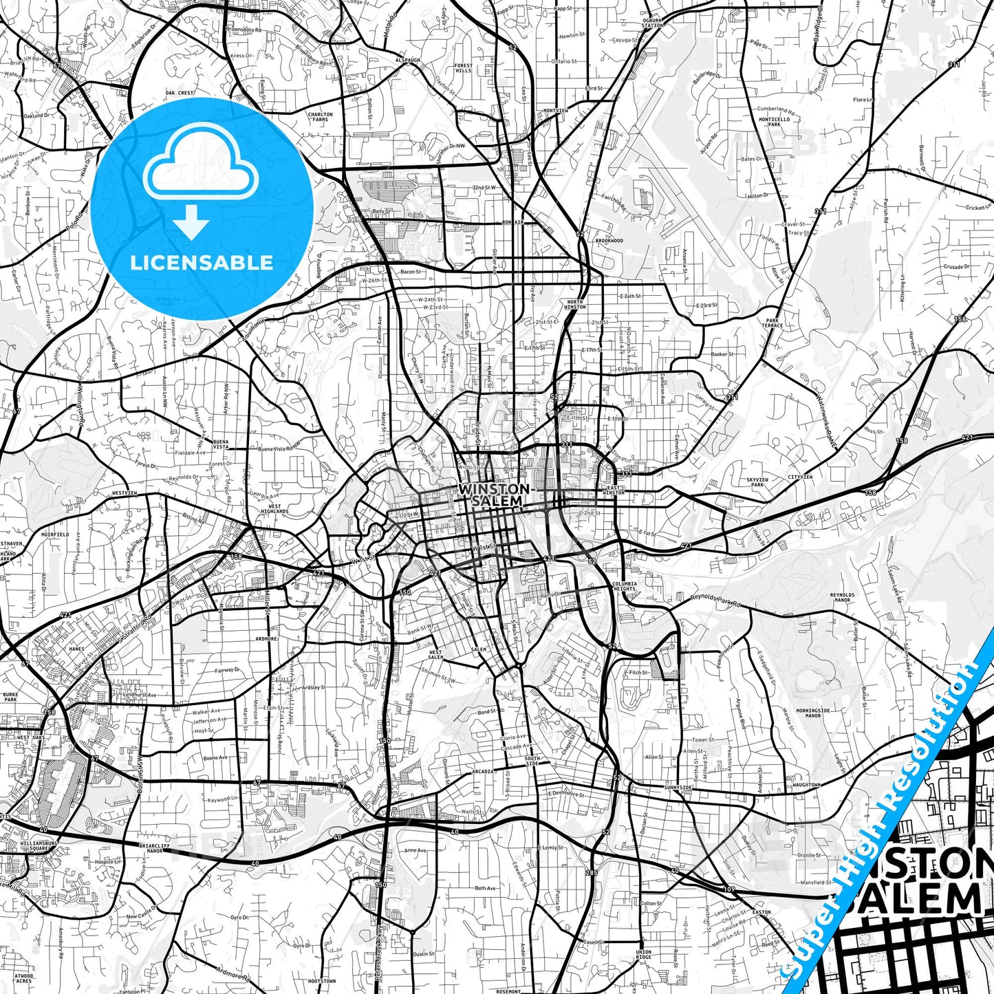Winston–Salem, North Carolina Light Map with Street Names, City Names, and Districts