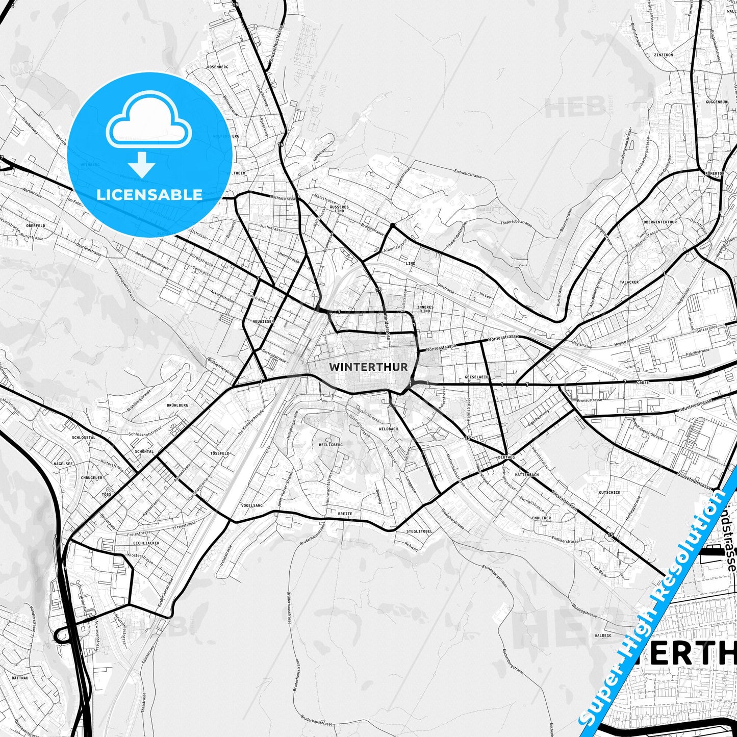 Winterthur, Switzerland Light Map with Street Names, City Names, and Districts