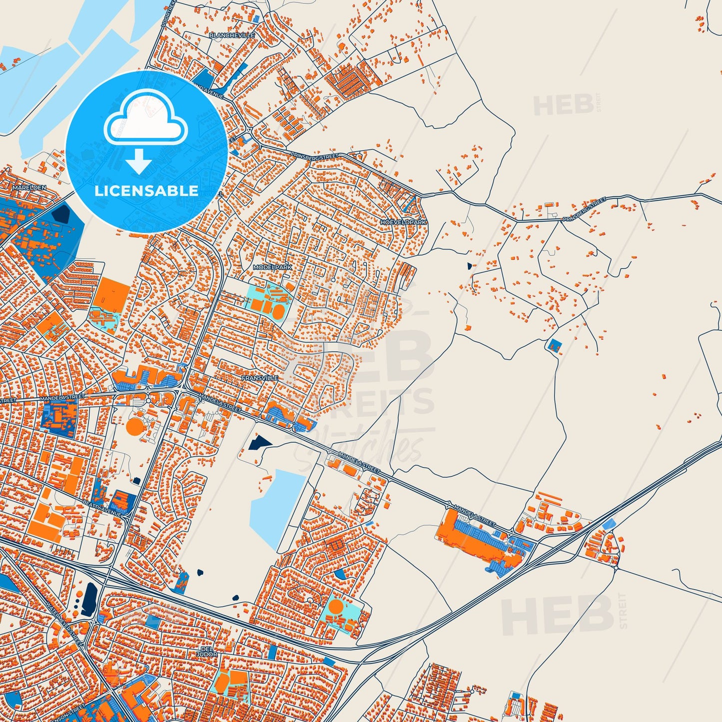 Colorful Witbank Street Map with Labels and Buildings