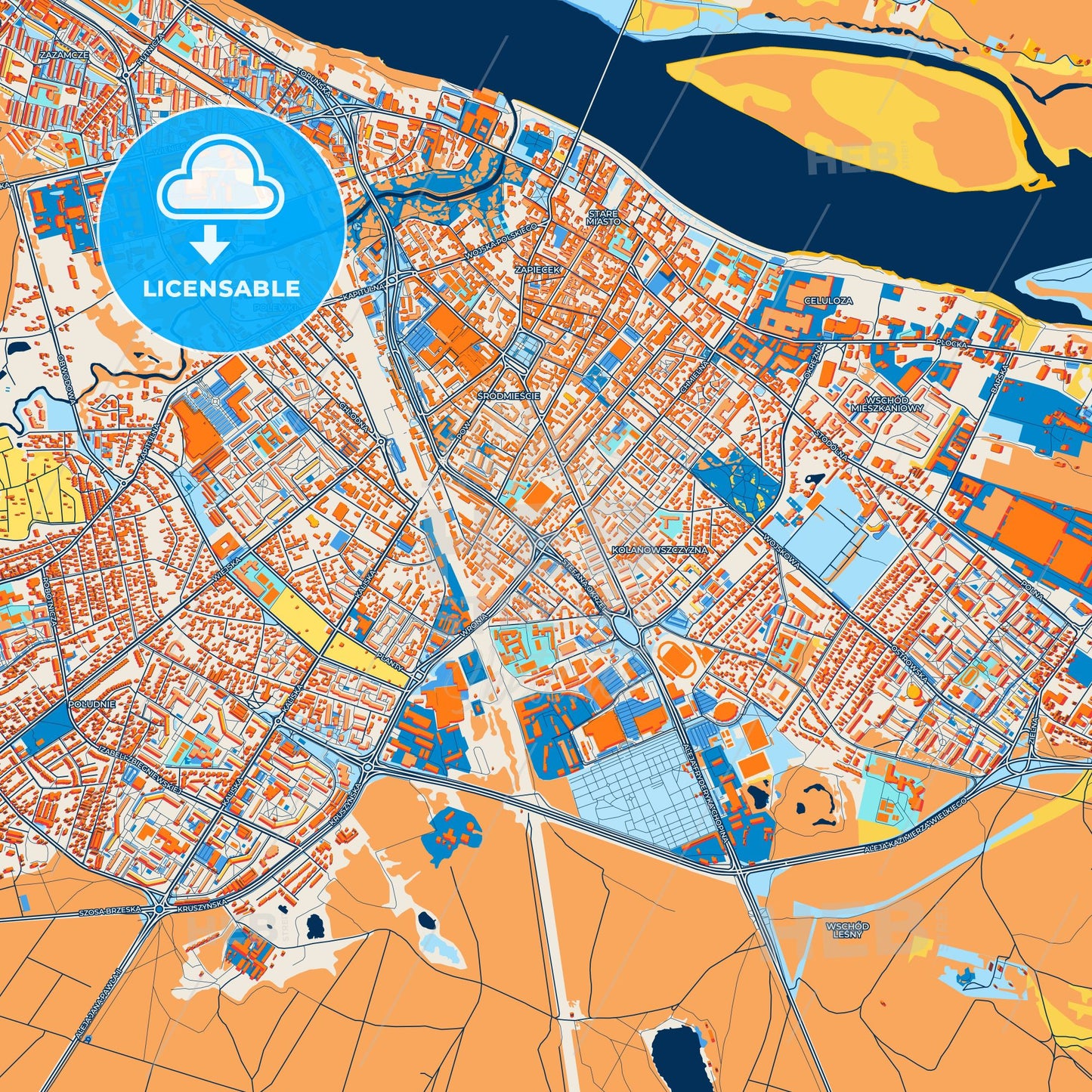 Colorful Włocławek Street Map with Labels and Buildings