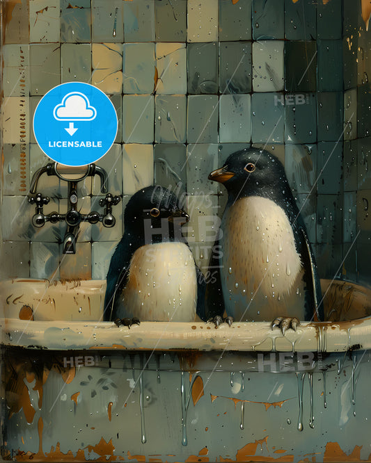 Whimsical Bathtub Penguins: Surreal Animal Artwork, Digital Painting, CG Society, Art Photography, Behance Featured, Vintage Storybook Illustration