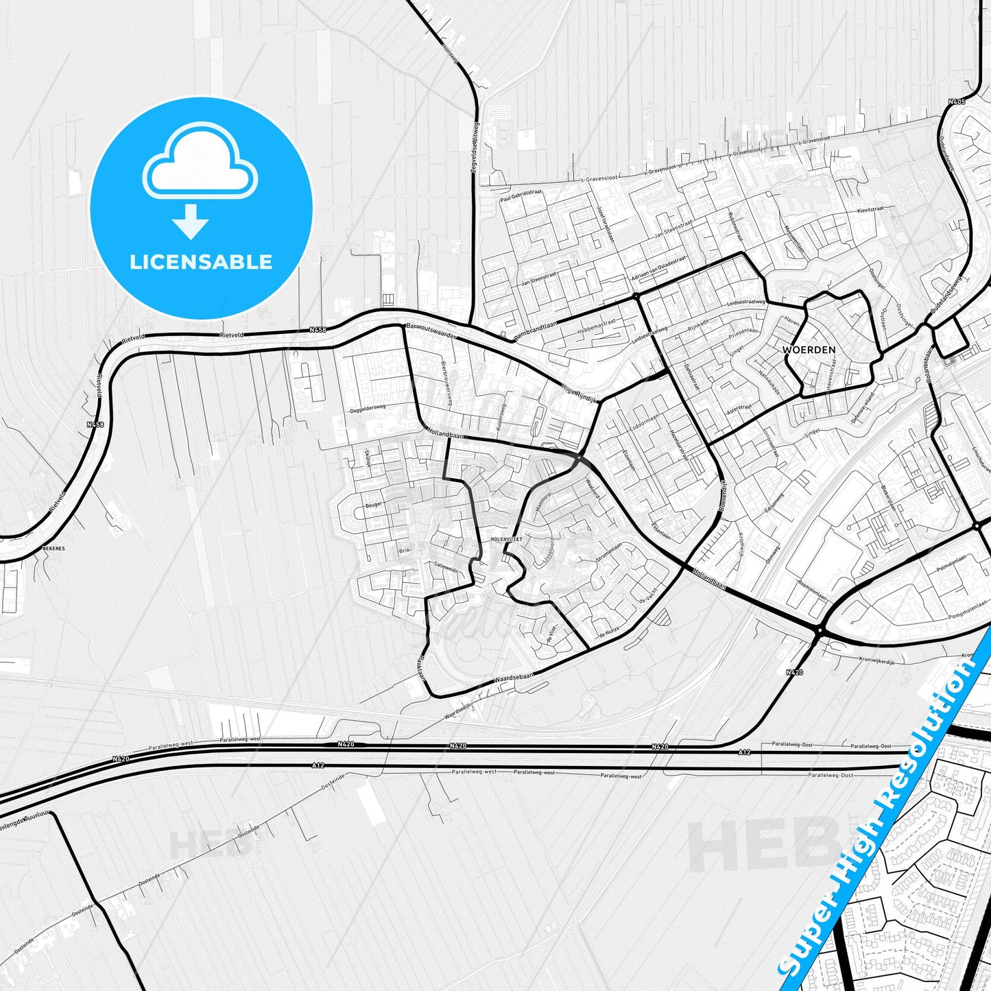 Woerden, Netherlands Light Map with Street Names, City Names, and Districts